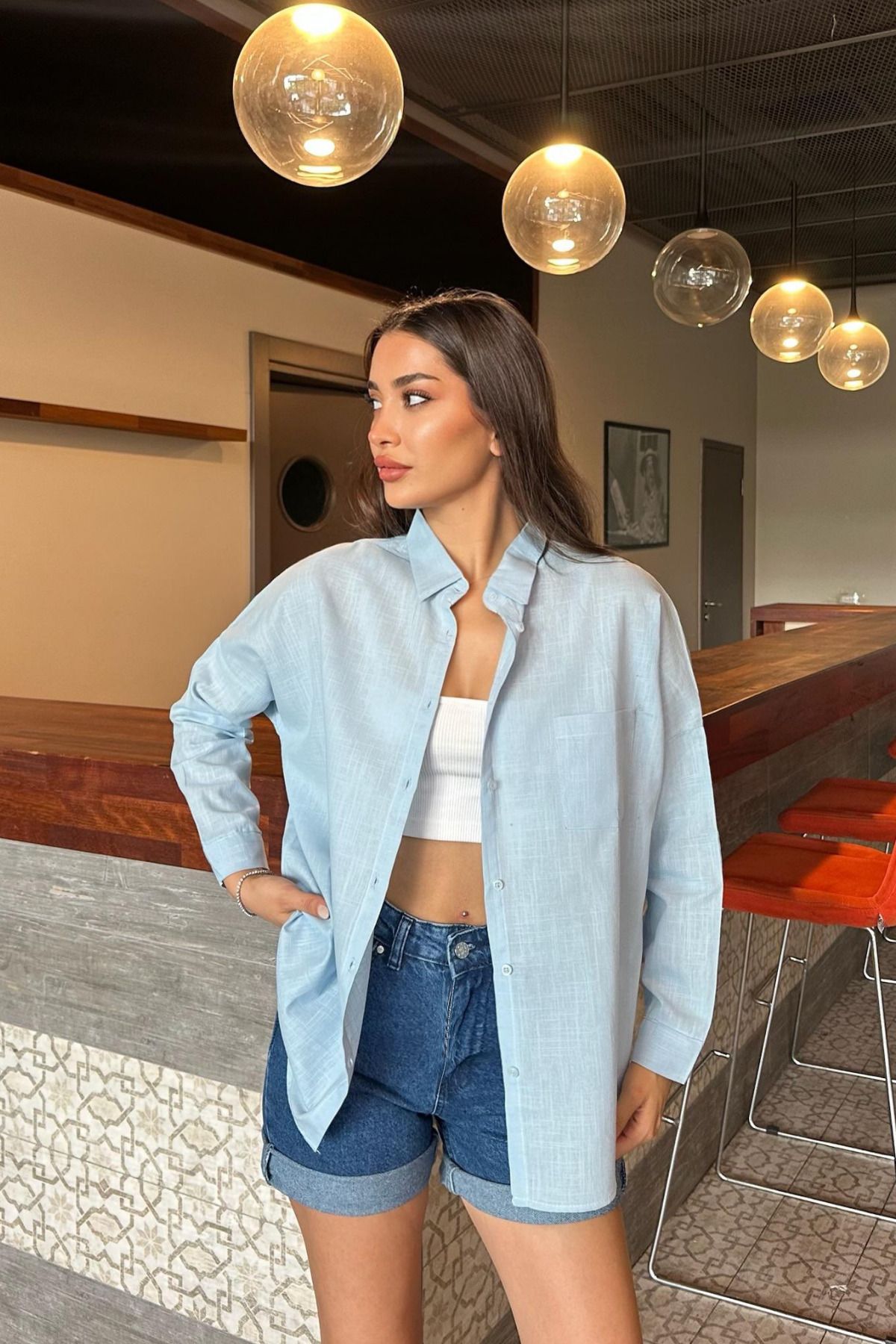 BİKELİFE Kadın Oversize Keten Dokulu Tek Cepli Gömlek