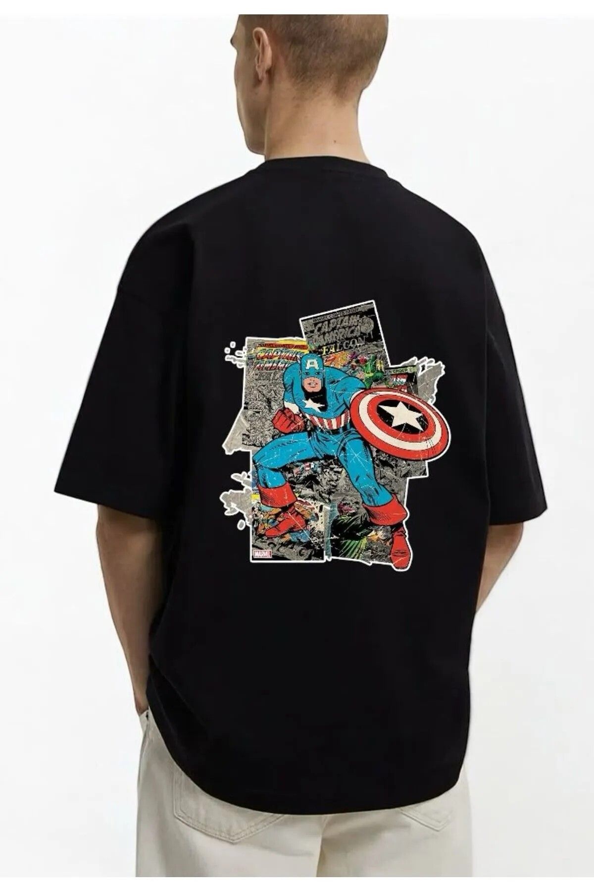 DEEFWEAR Siyah Mar-vel Captain America Collage Serisi Ön/Arka Baskılı Oversize T-shirt