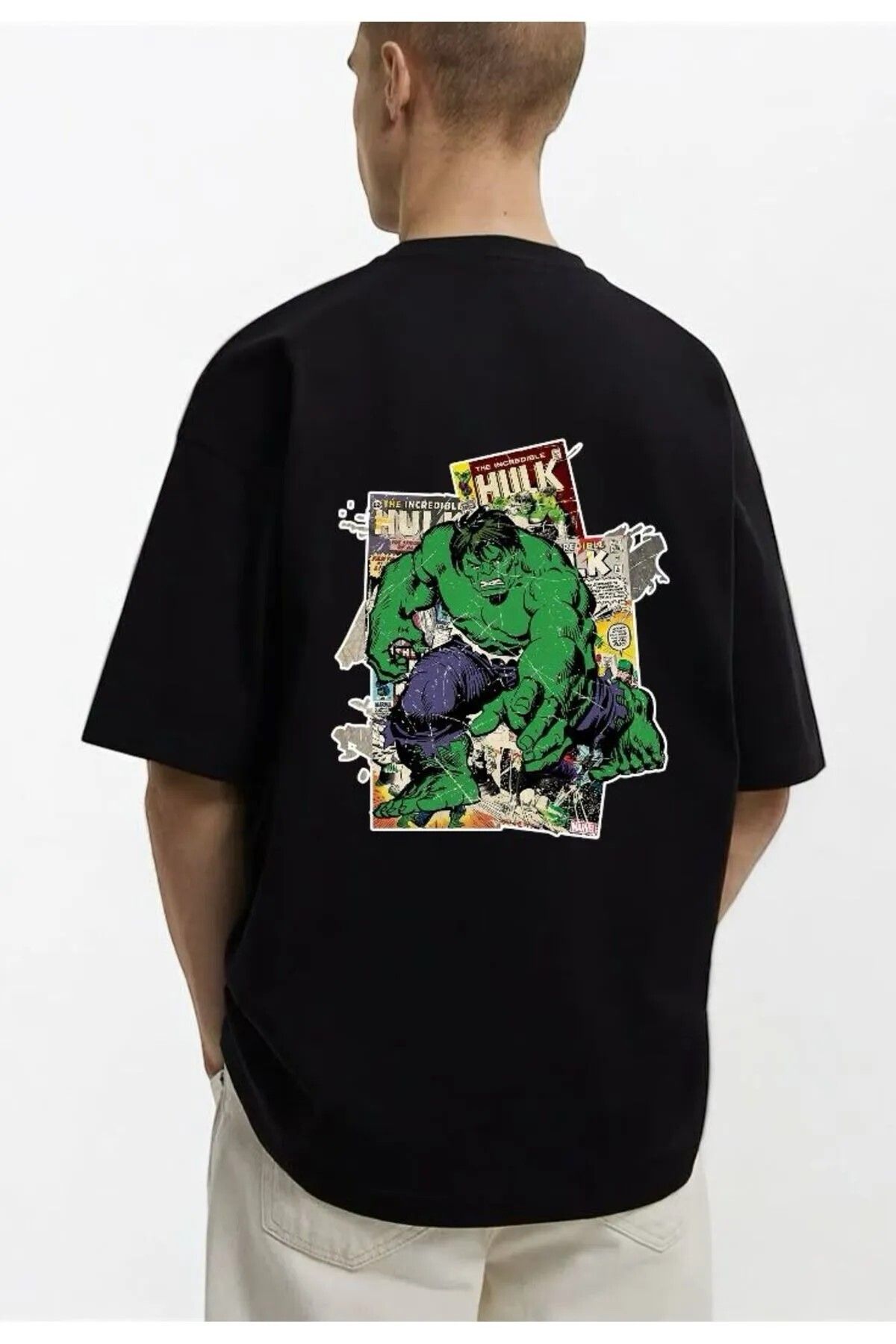 DEEFWEAR Siyah Mar-vel Hulk Collage Serisi Ön/Arka Baskılı Oversize T-shirt