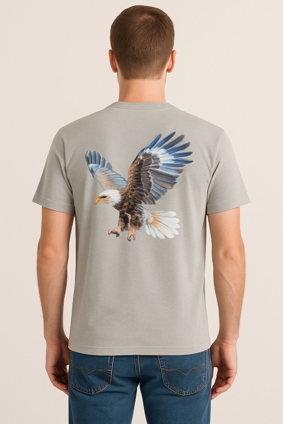 Moda Tuğram Taş Renk Erkek Sırt Baskılı Pamuklu Tshirt