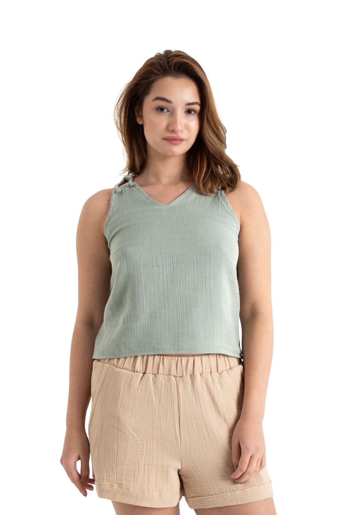 PANCHY CANKY 2 Katlı %100 Pamuk Müslin Omuz Detaylı Bluz Crop