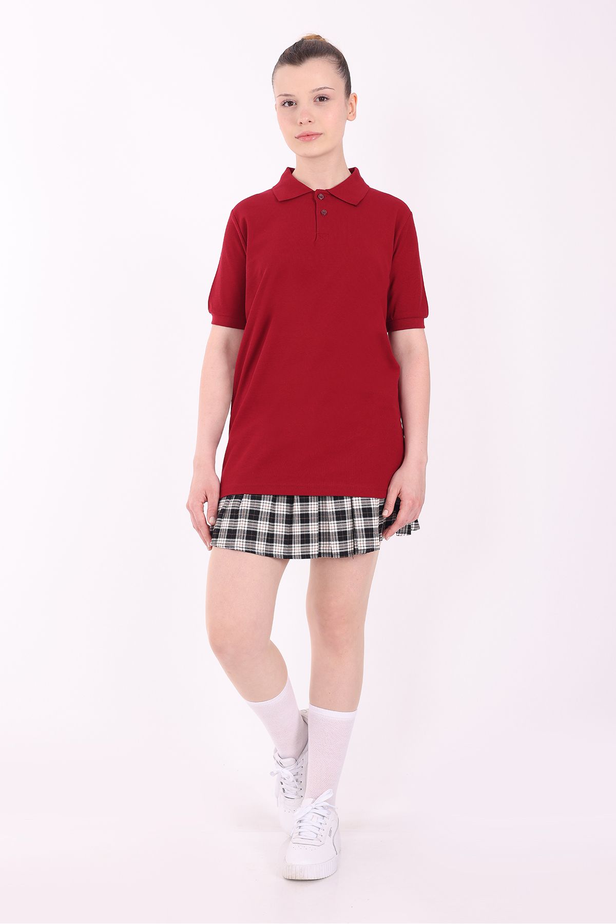 Re&Gi Rekor Unisex Yetişkin Polo Yaka Okul Tişört Basic Kısa Kollu Okul T-shirt %100 Pamuk S-2XL Bordo