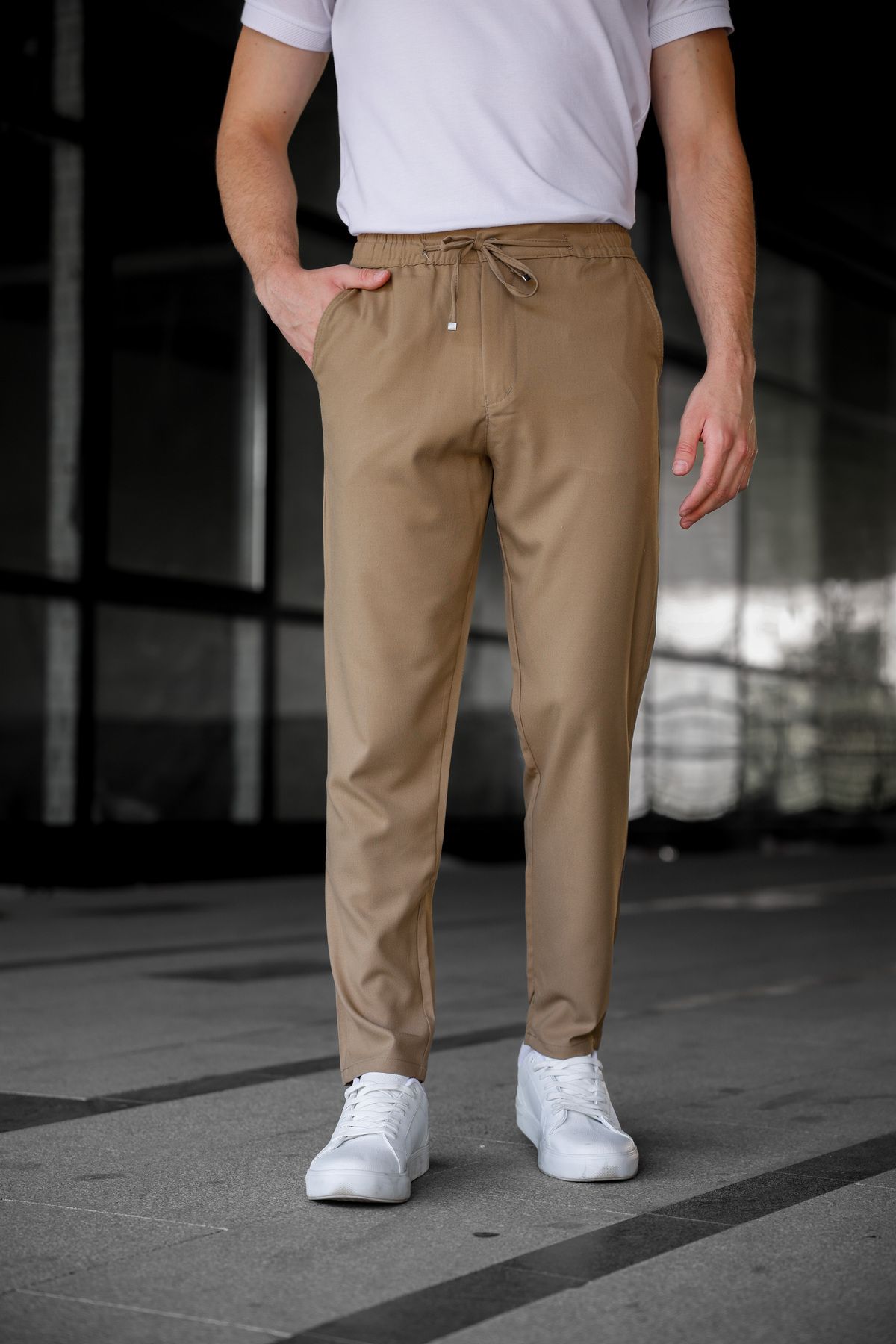 Ser Joven Erkek Camel Relaxed Fit Yandan Cepli Beli Lastikli Bağcıklı Jogger Pantolon