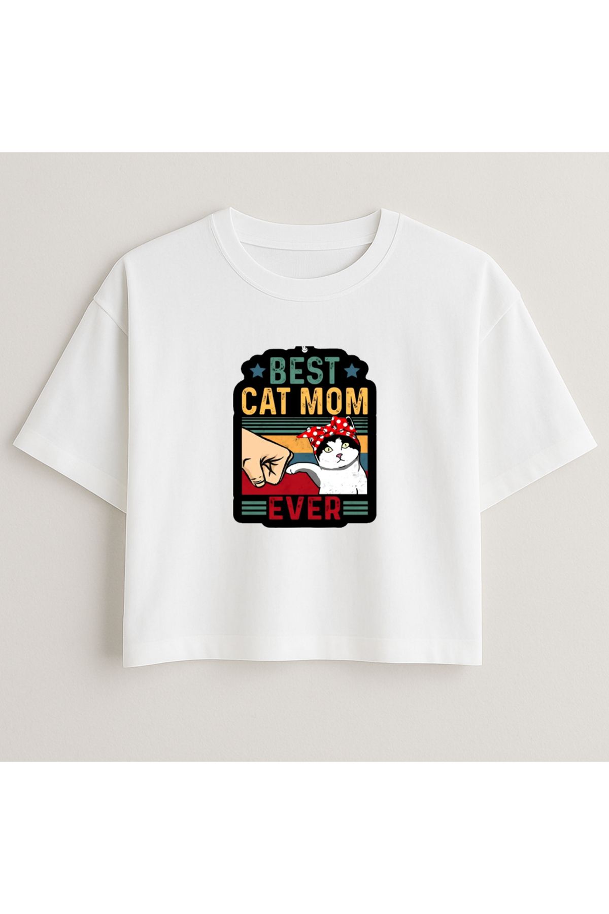 Minou Wear Best Cat Mom Ever Baskılı Beyaz Oversize Crop Tshirt