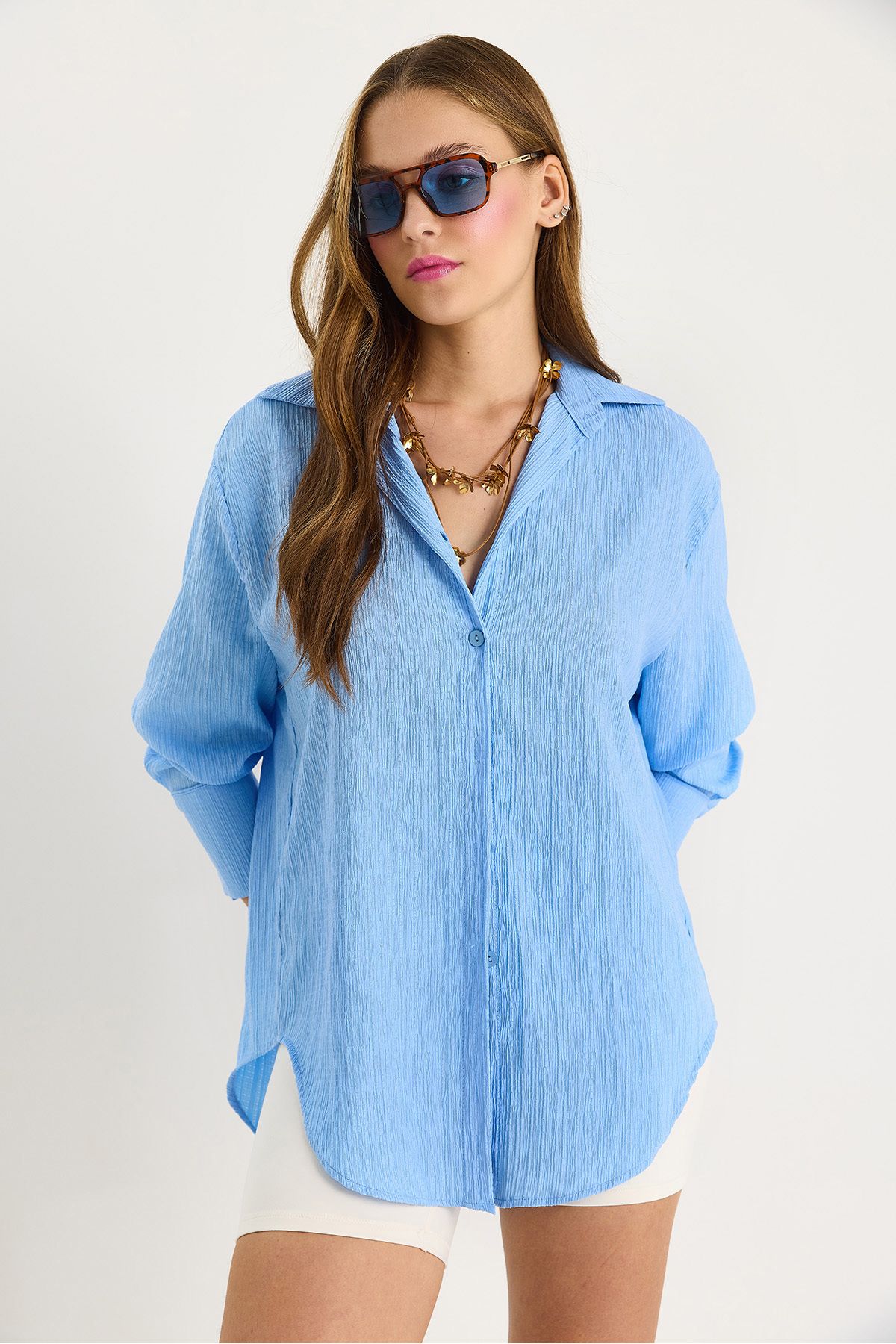Bianco Lucci-Women's Off-Shoulder Oversize Basic Wrap Shirt 60392 60271069 4
