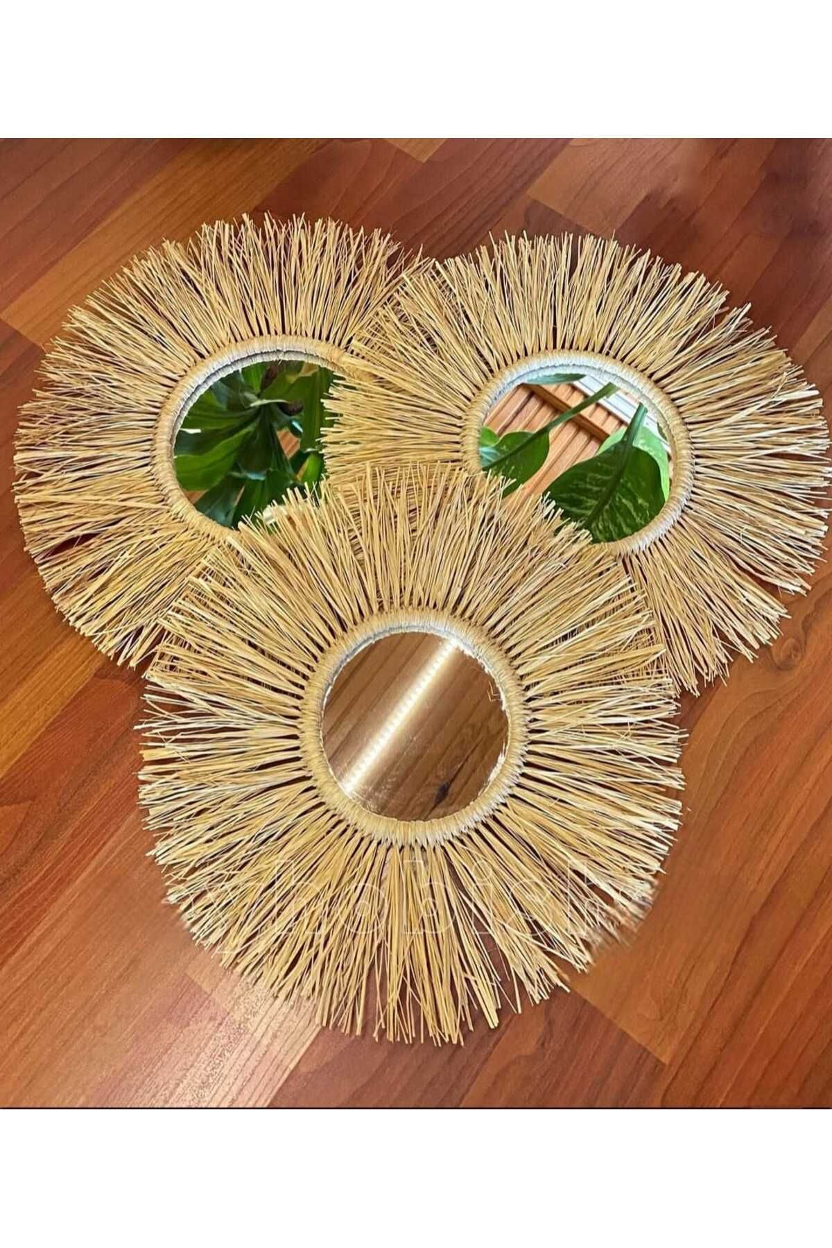 Ceren CRN Bohem Handmade 3 lü ayna Doğal Rafya
