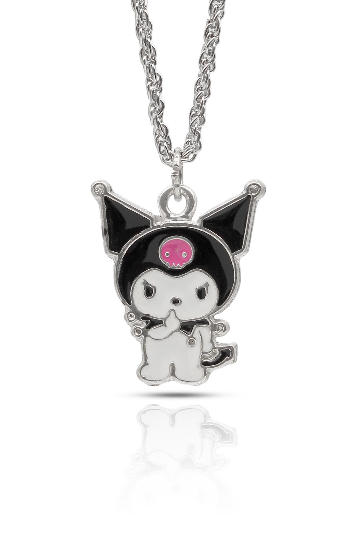 kolbi Hello Kitty Kuromi Karakter Kolye – Siyah Beyaz Mineli Gümüş Renk Burgu Zincirli