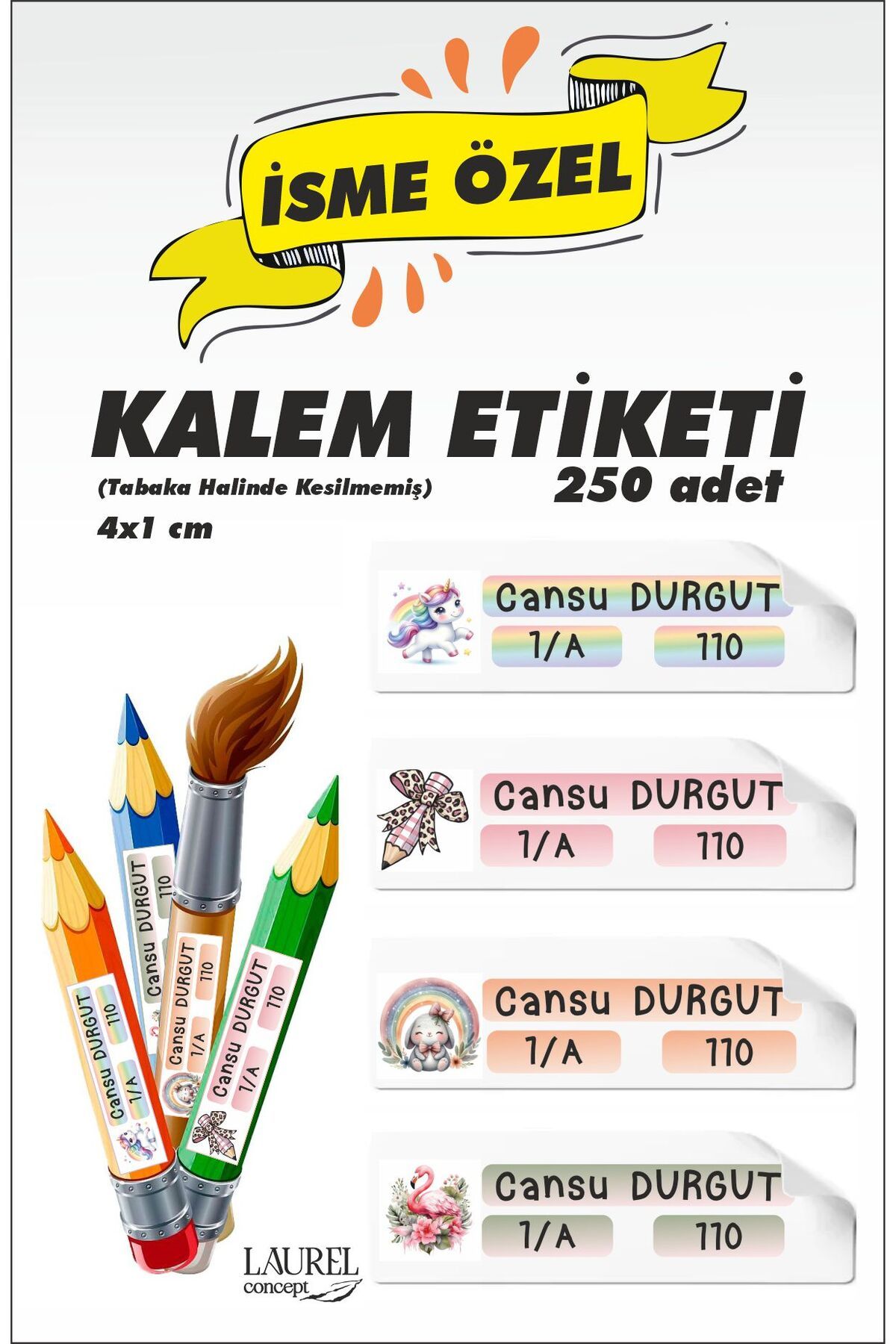 laurelconcept Okul Kalem Etiketi Kalem Sticker Isme Özel Okul Kalem Etiketi Seti 250 Adet