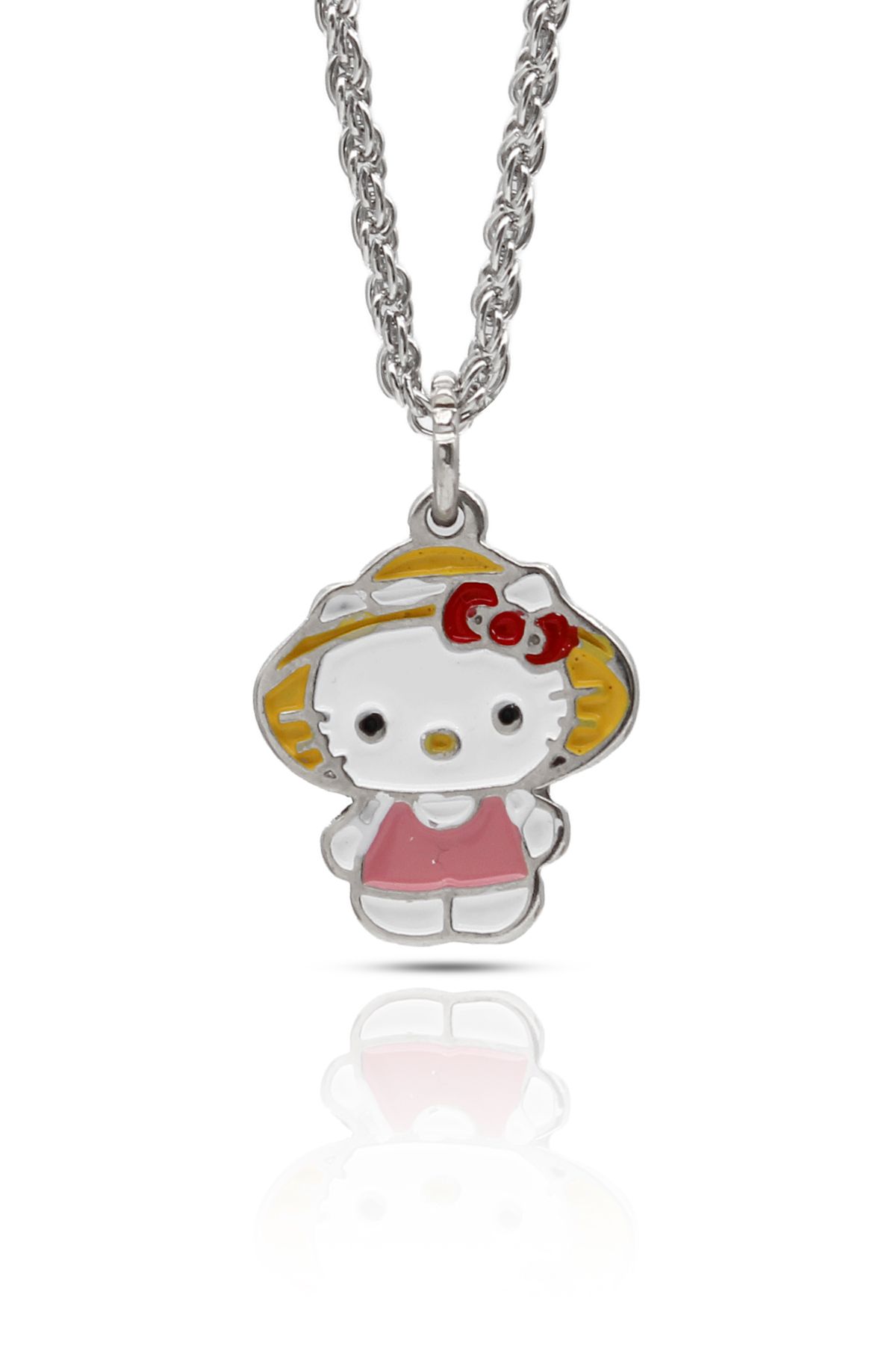 kolbi Şapkalı Hello Kitty Kolye – Renkli Mineli Gümüş Renk Burgu Zincirli