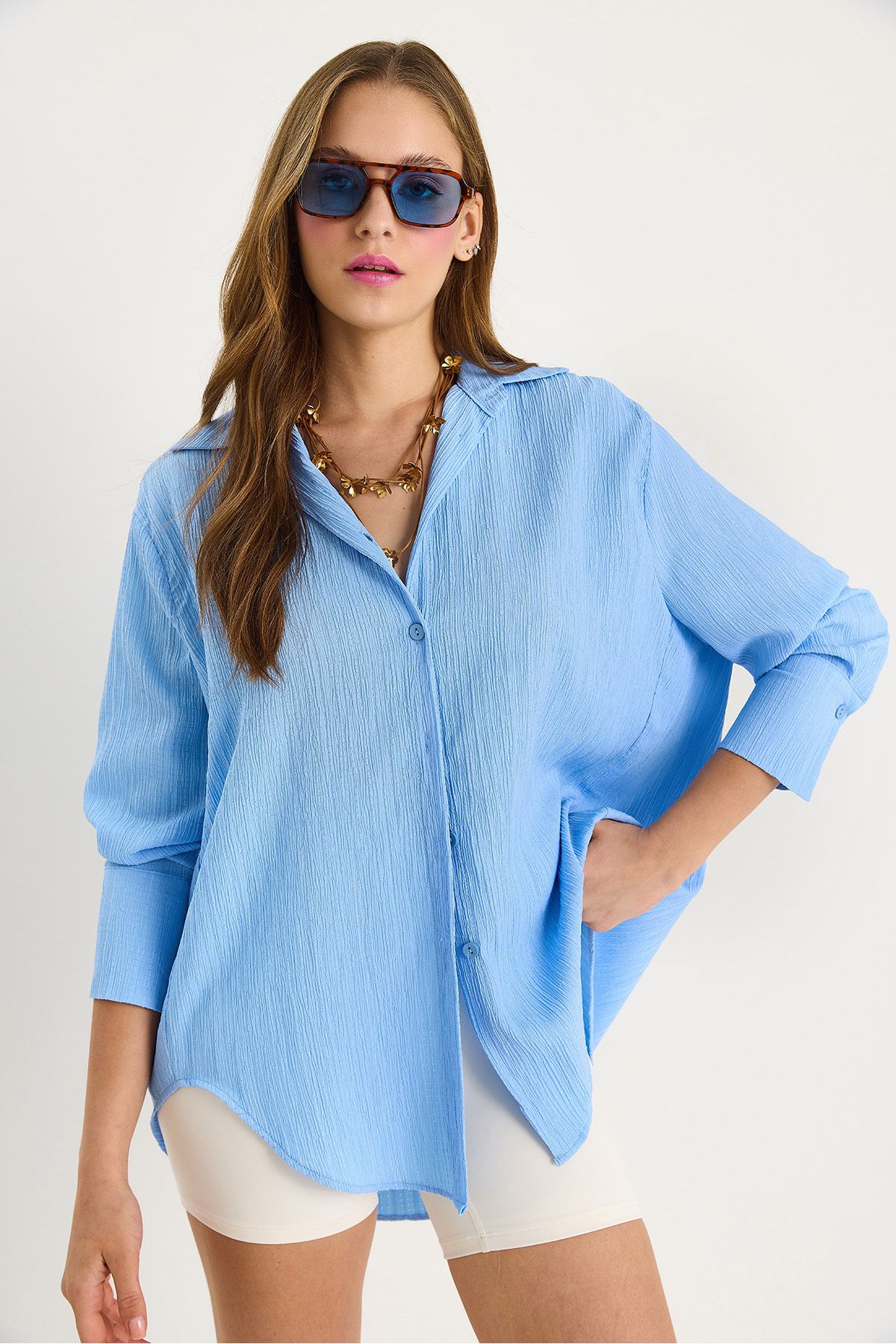 Bianco Lucci-Women's Off-Shoulder Oversize Basic Wrap Shirt 60392 60271069 5