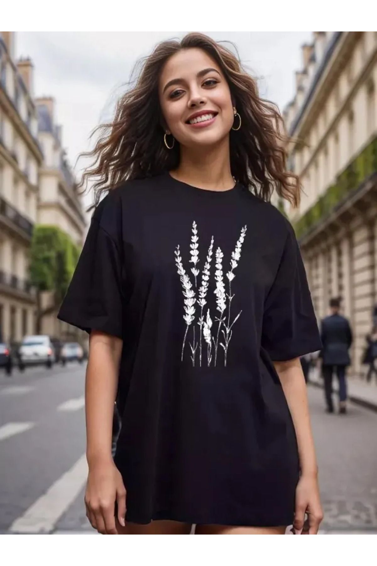 CLASİVA Baskılı Kadın Oversize Bisiklet Yaka T-shirt