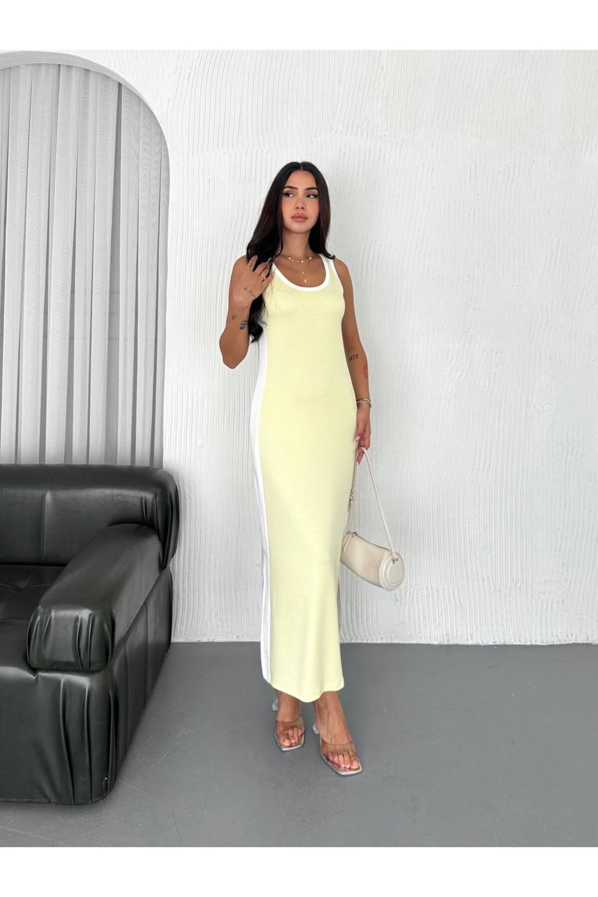 Bella Breeze Kadın Yan Şeritli Basic Stil Atlet Yaka Uzun Elbise