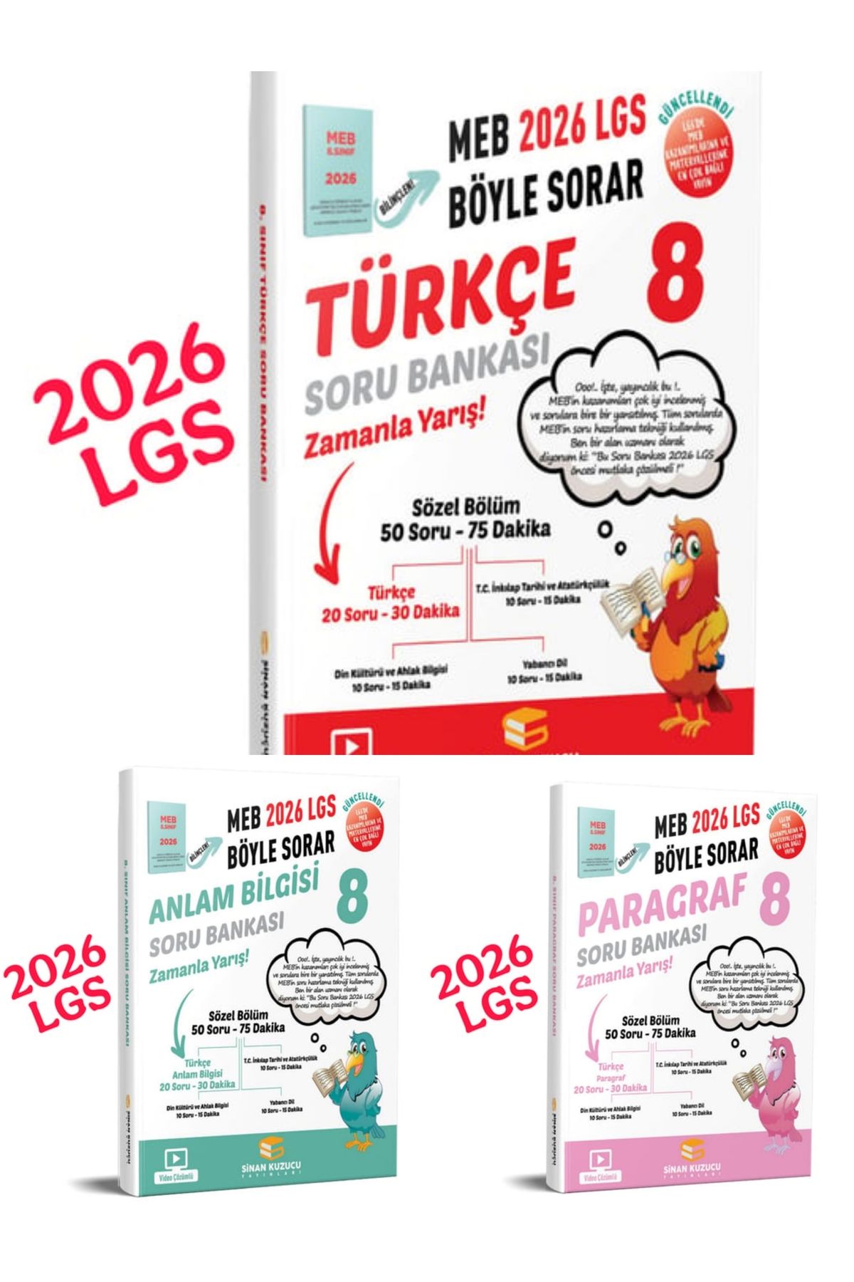 SİNAN KUZUCU YAYINLARI 2026 LGS 8.sınıf türkçe-anlam-bilgisi-paragraf soru bankası 3'lü seti