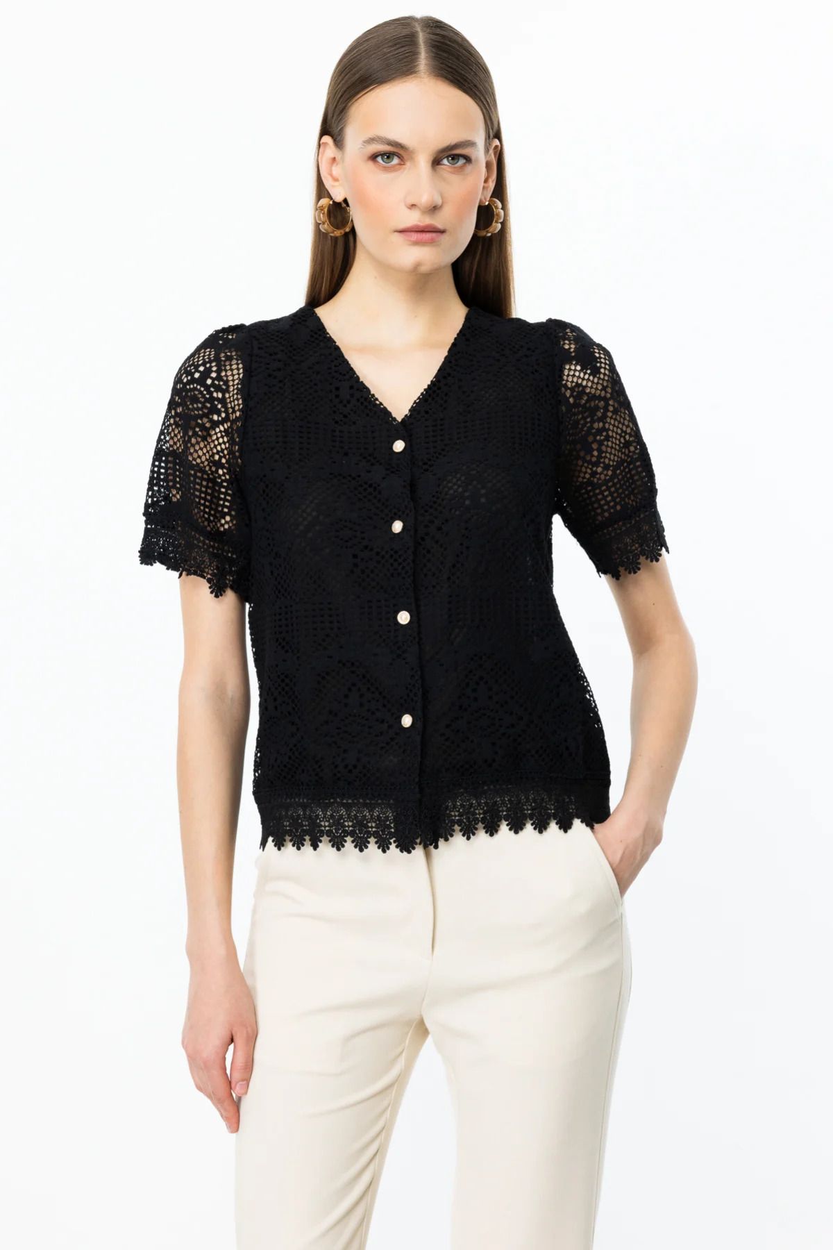 On Fashion On Dantelli V Yaka Hırka Ekru-50904