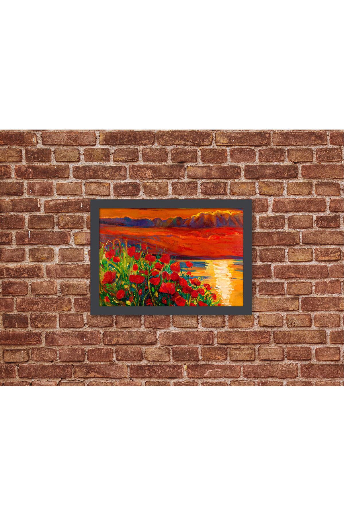Letbil Reklam Ahşap Kendinden Çerçeveli Tablo - Yağlı Boya Gün Batımı Kırmızı Gelincik, Standart - 20x28cm