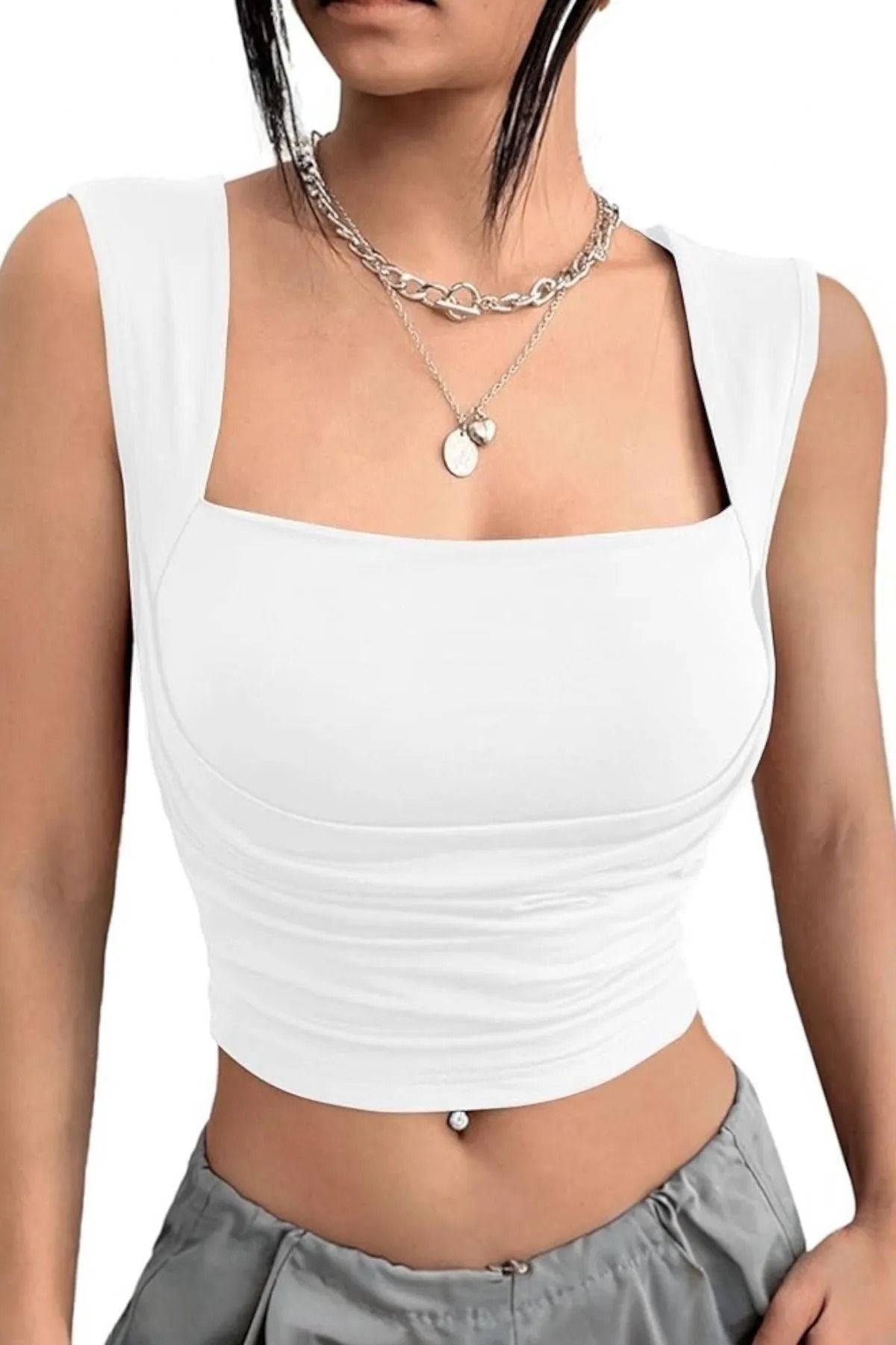 ÖZGESTORE Kare Yaka Büzgü Detaylı Esnek Crop Bluz