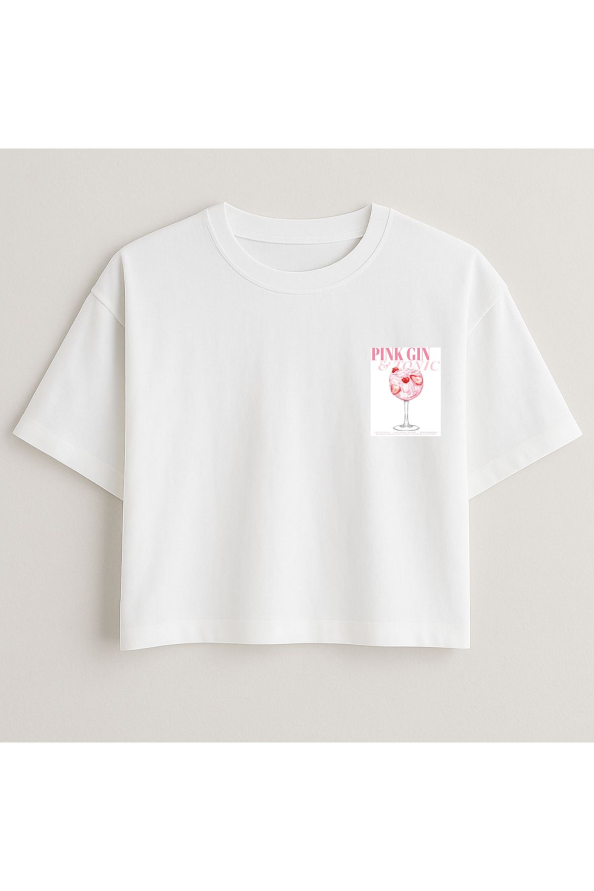 Minou Wear Pınk Gın Drinking Baskılı Özel Tasarım Beyaz Oversize Crop Tshirt