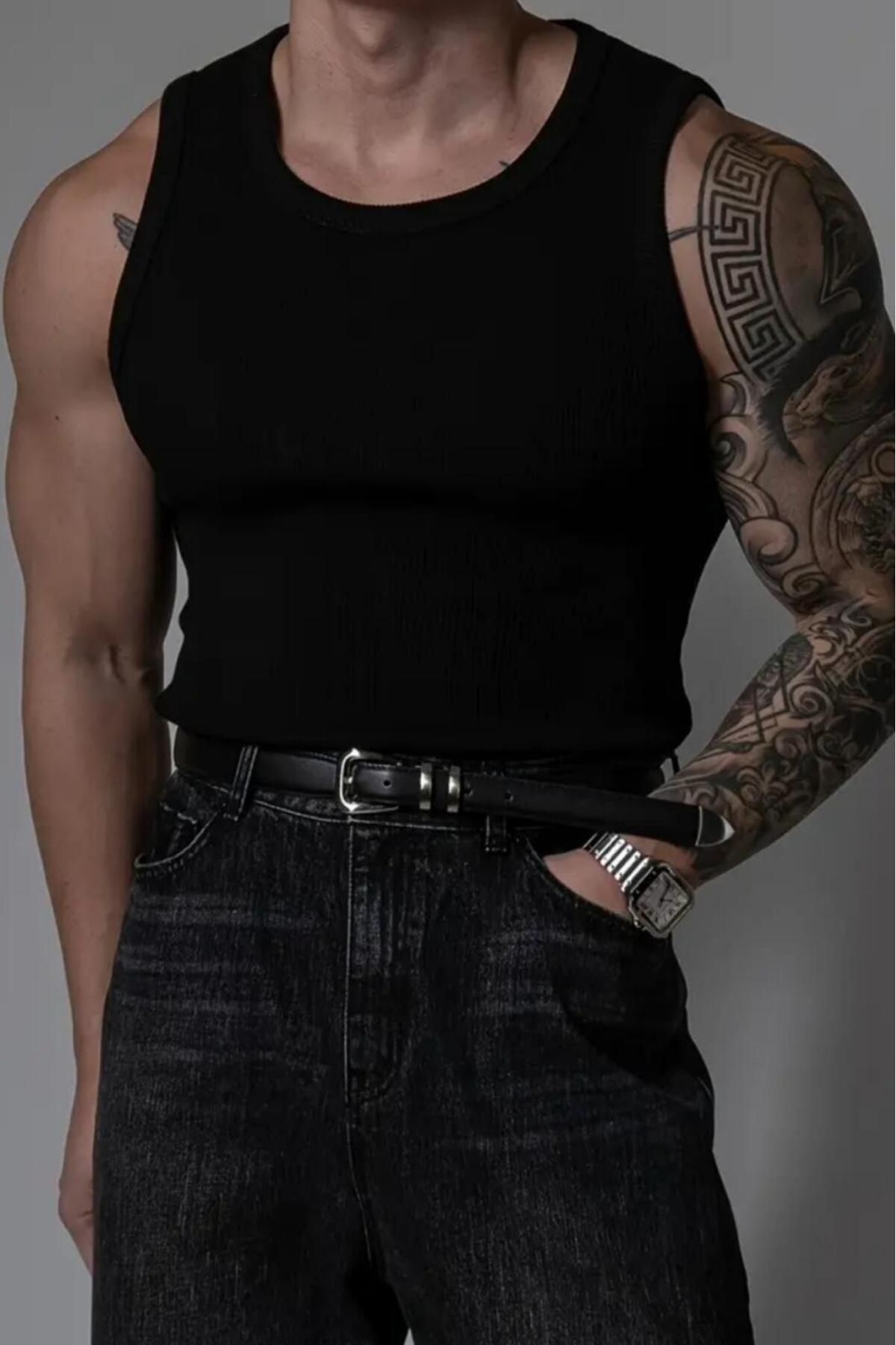 NO 601 Erkek Siyah Slimfit Kaşkorse Ribana Düz Tank Atlet