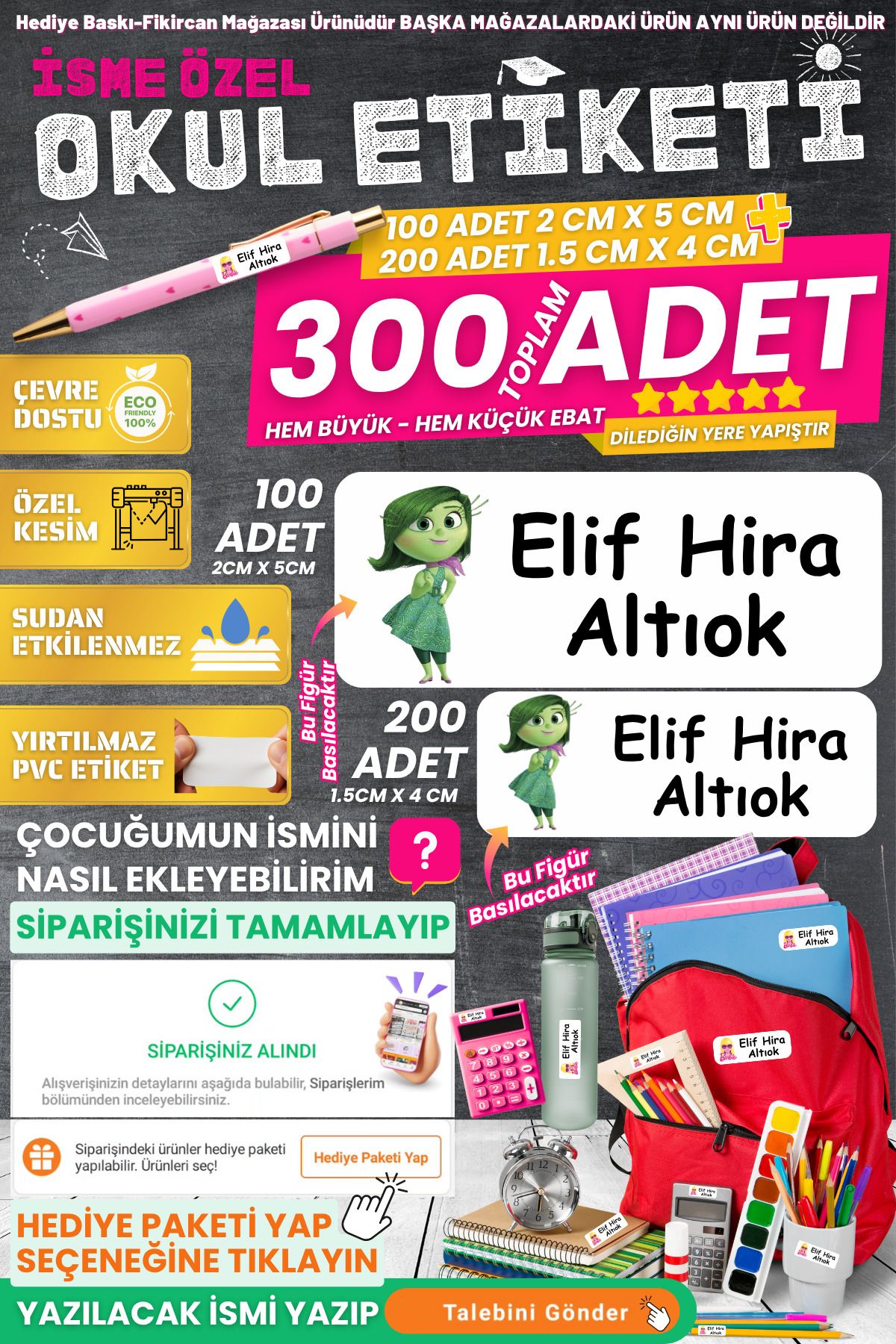 FİKİRCAN Fikircan-İsme Özel Okul Etiket Seti - TİKSİNTİ 300 Adet - Kokusuz Ekolojik Mürekkep PVC ETİKET