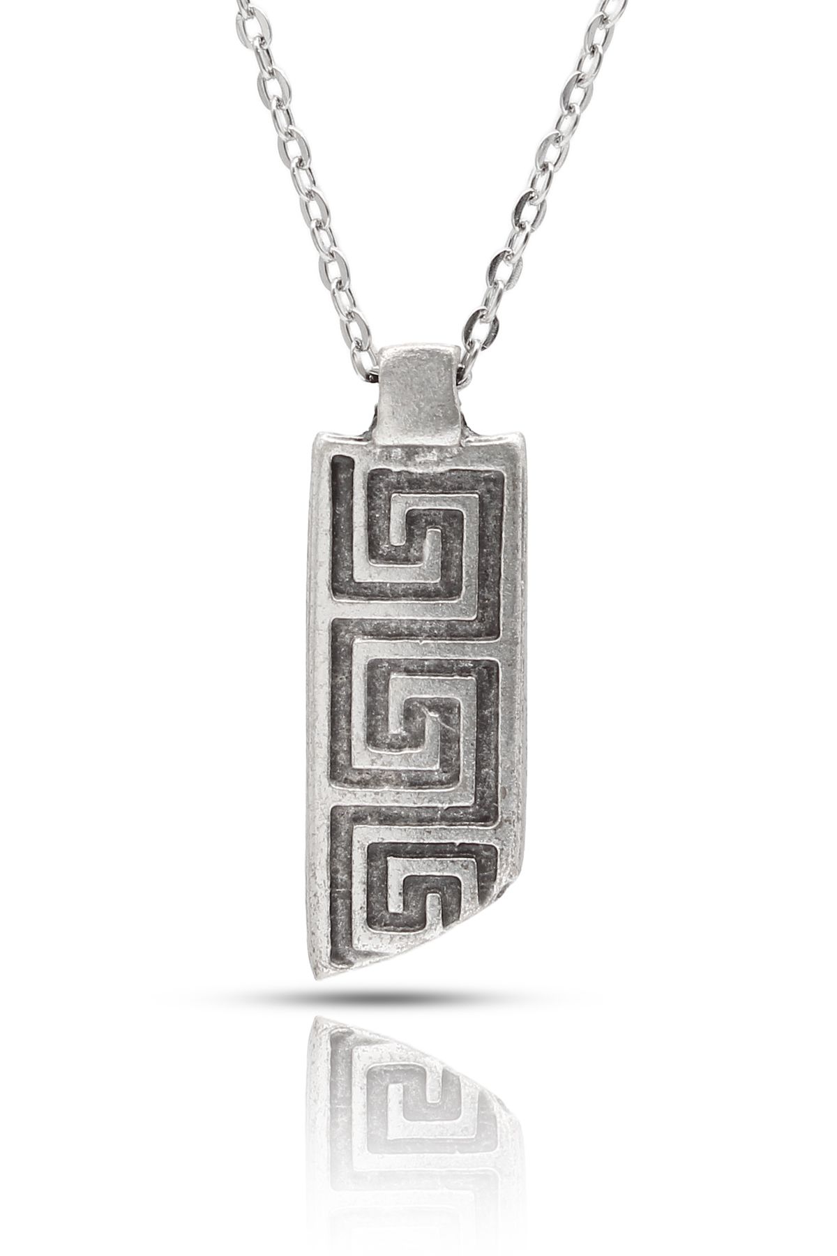 kolbi Antik Yunan Meander Desenli Kolye Greek Key Kolye - Antik Gümüş Kaplama Klasik Zincirli