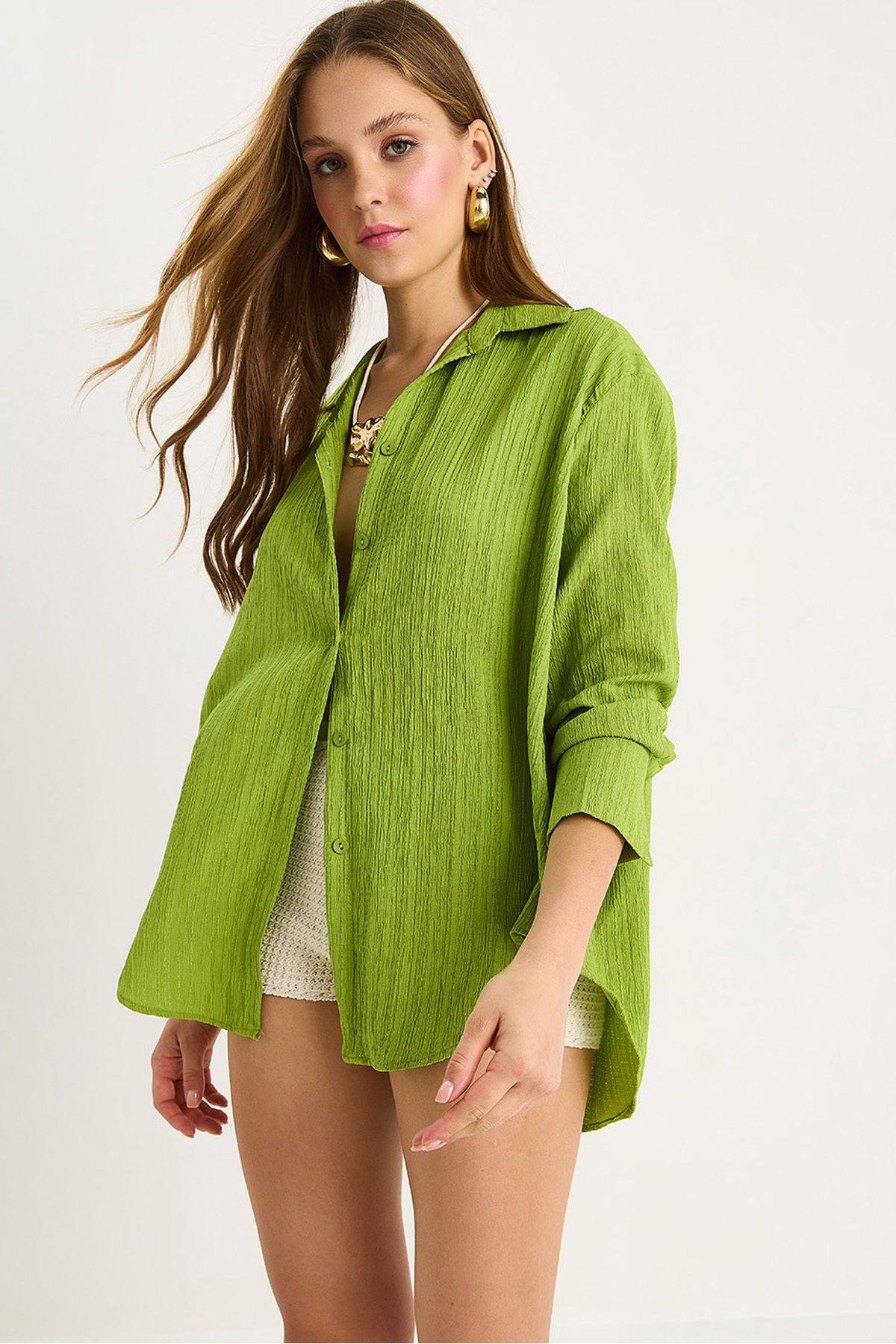 Bianco Lucci-Women's Off-Shoulder Oversize Basic Wrap Shirt 60392 60271069 3
