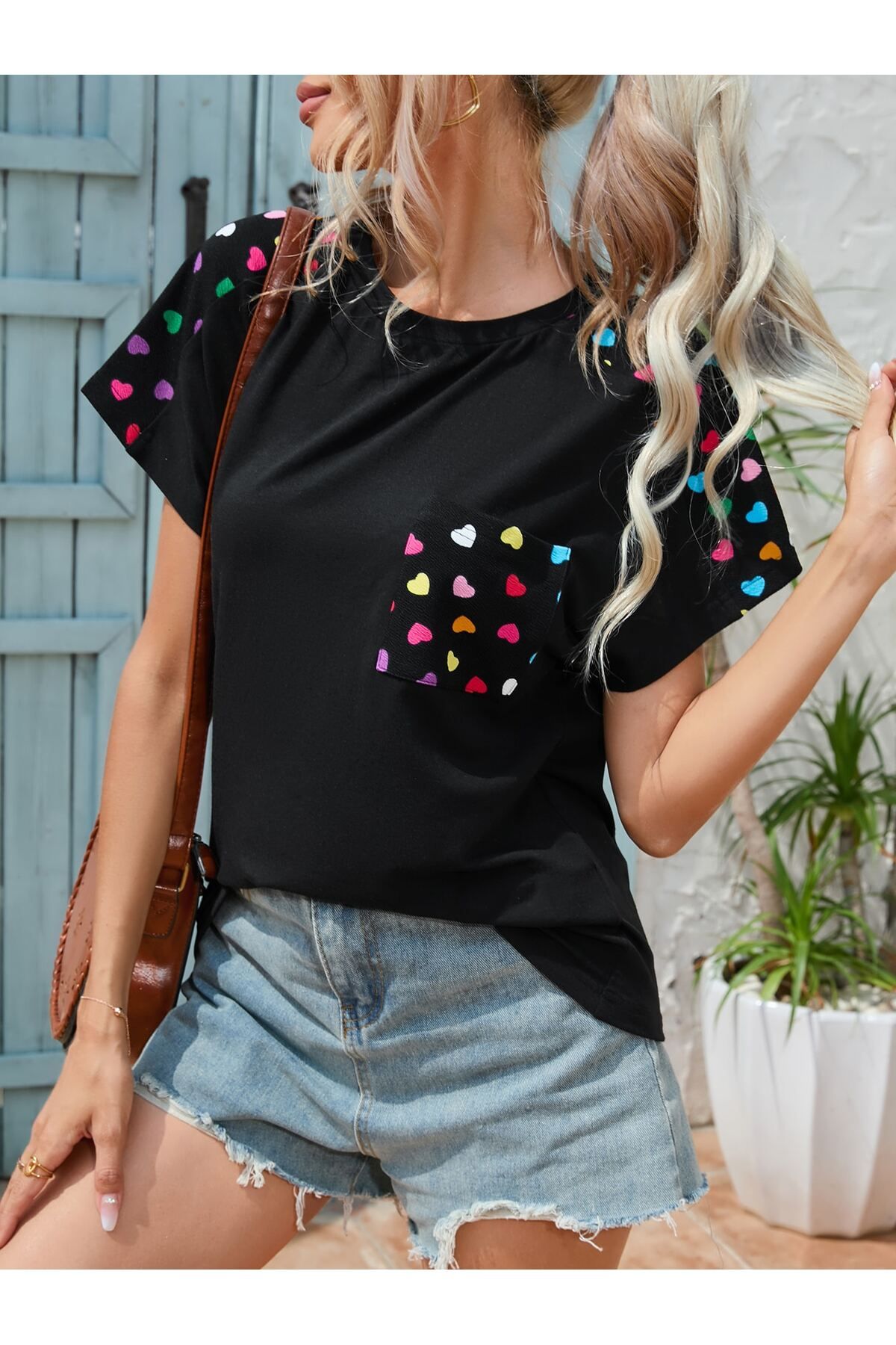 aynewmoda Cepli Yama Kalp Baskılı Tişört