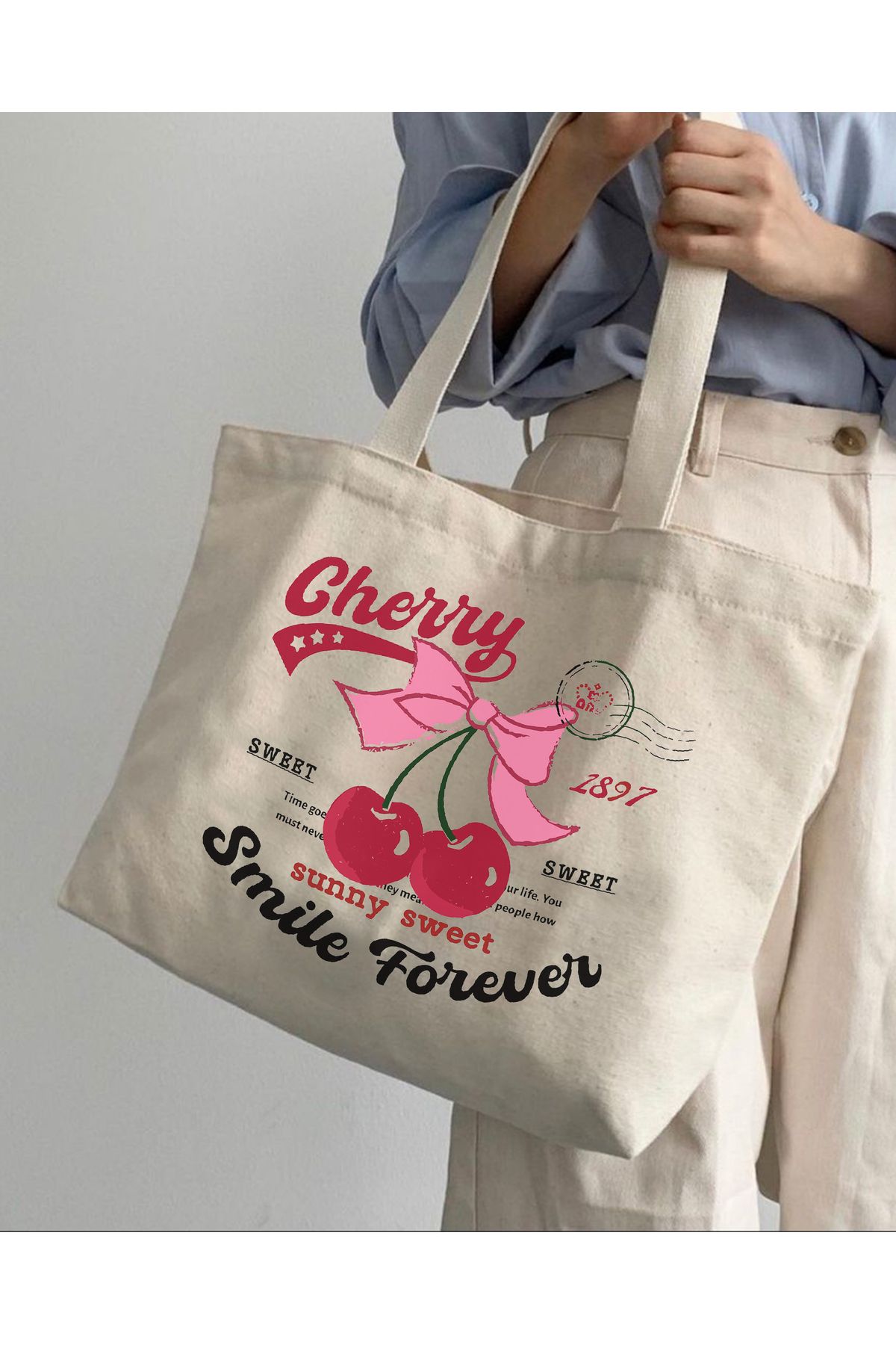 bezden Kadın Omuz Çantası Kanvas Kumaş 'CHERRY ' Baskılı Çıtçıtlı Krem Kol Çantası