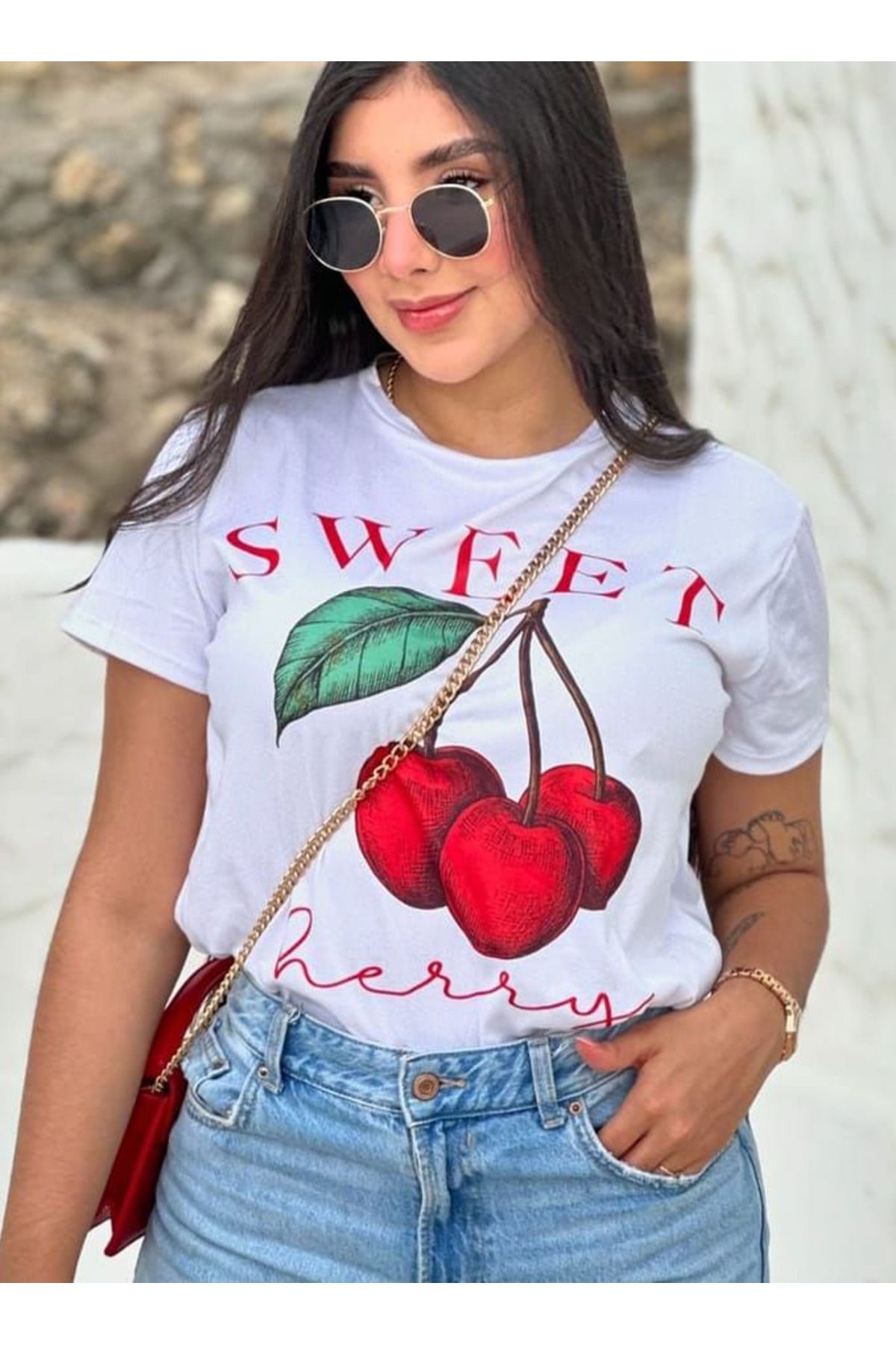 aynewmoda Meyve desenli kısa kollu yuvarlak yakalı tişört
