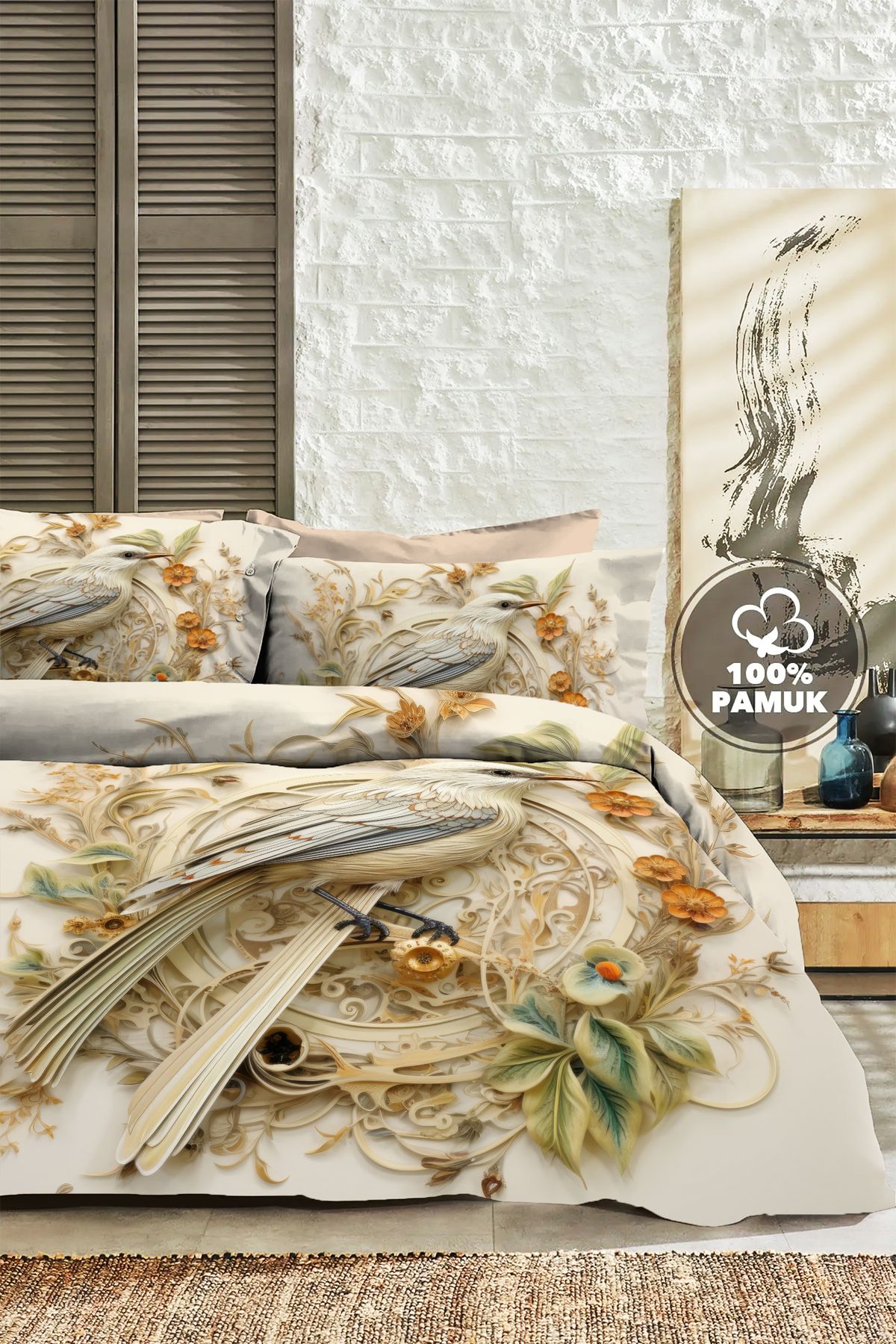 PerlaSera %100 PAMUK Ranforce Çeyizlik Luxury 5D Dijital Çift Kişilik Nevresim Takımı Bülbül