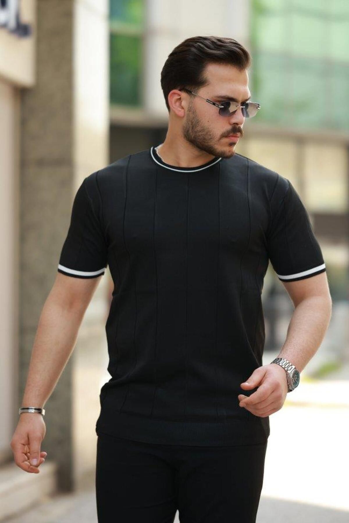 modamtn Erkek Bisiklet Yaka çizgi Desenli Ribanalı Kısa Kollu Tshirt