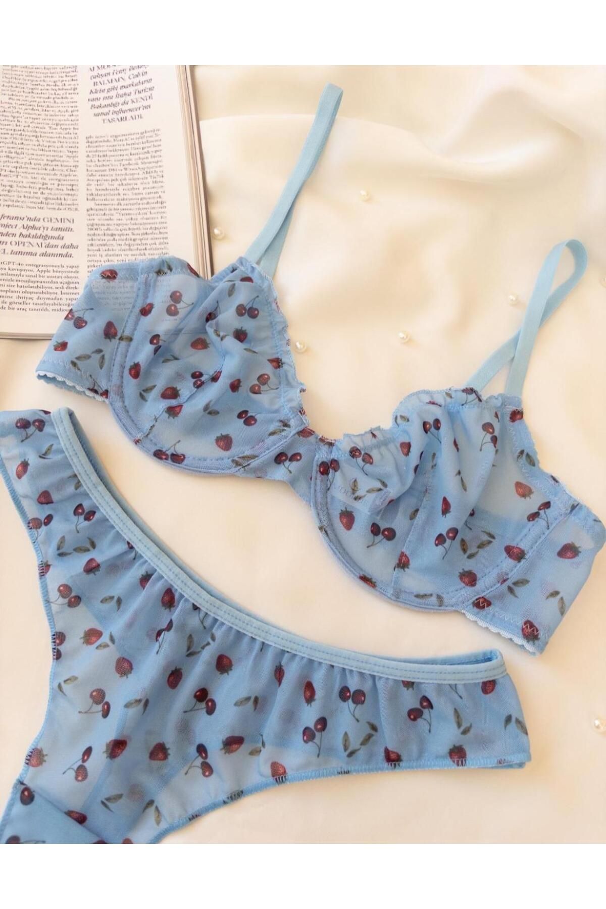 Kırmızı Sütyen Takımı - Desenli Bralet Tül Sütyen Takımı