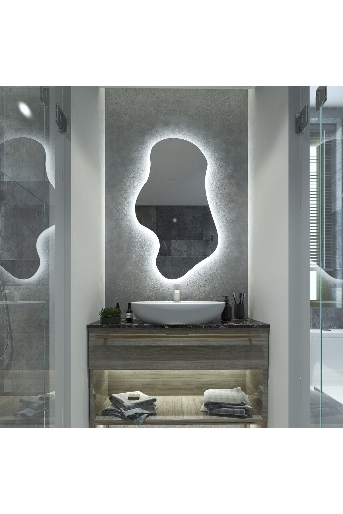 Aypars Atölye 70x119 Asimetrik LED Duvar Aynası – 3000K Gün Işığı ve 6500K Beyaz Işık Seçenekli Modern Banyo Ayna