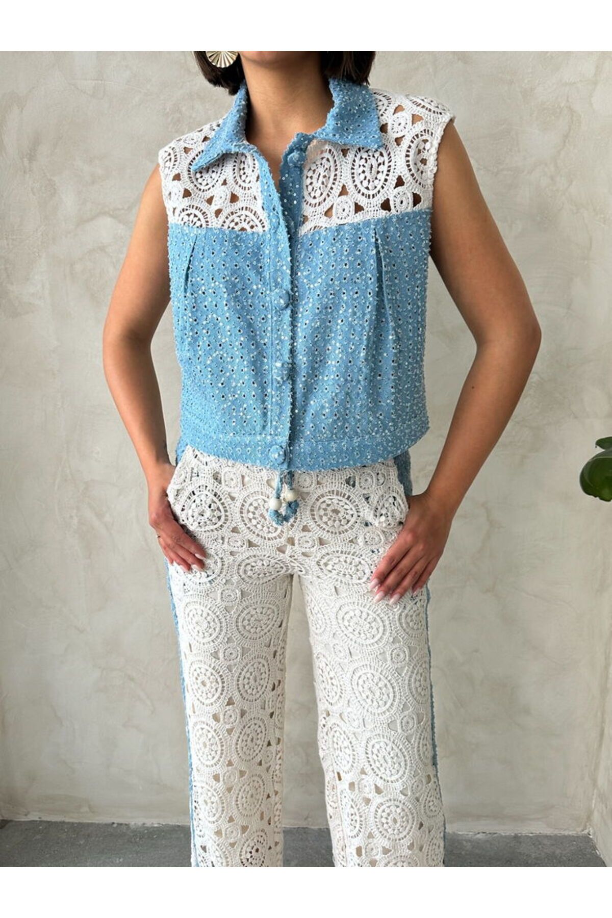 BRGCLOTHING Dantel Pamuk Detaylı Pullu Kot Ceket
