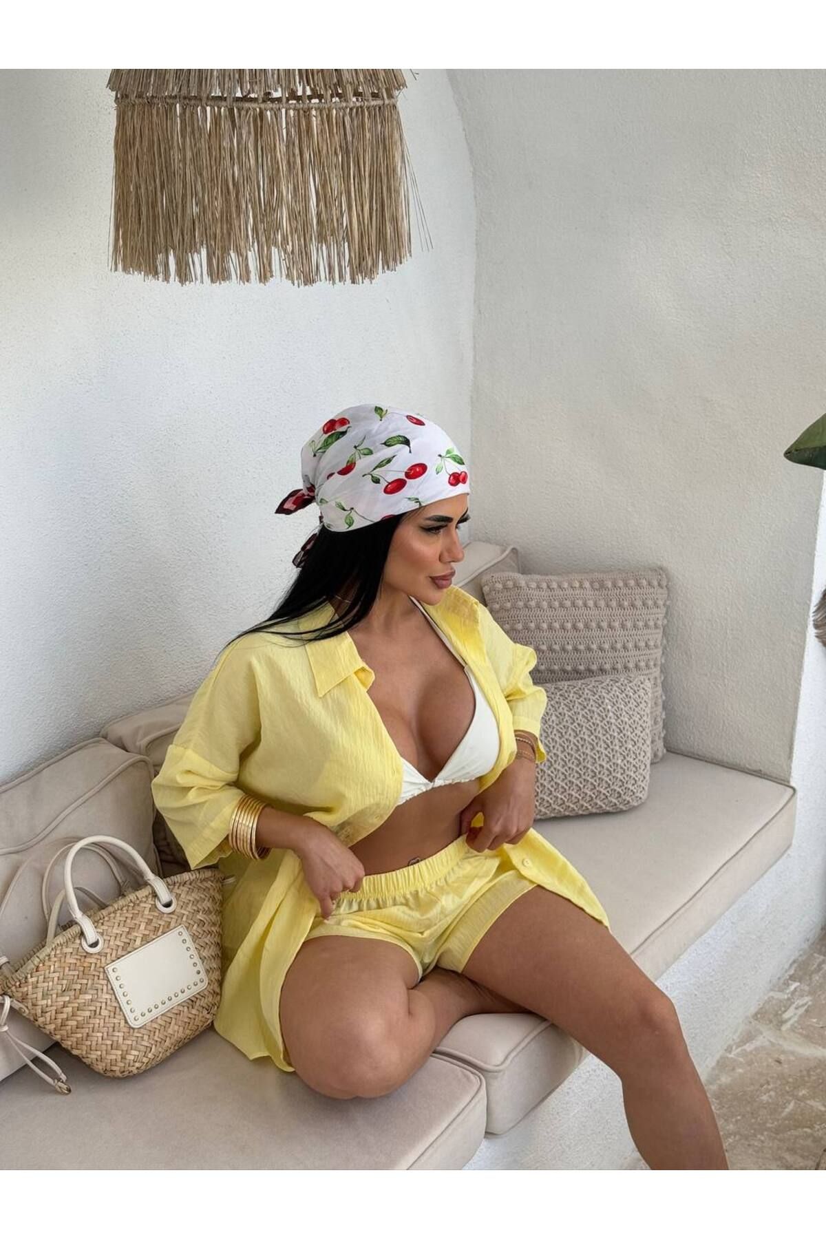 Lady Pixie Kadın Keten Kumaş Oversize Gömlek Şort Takımı