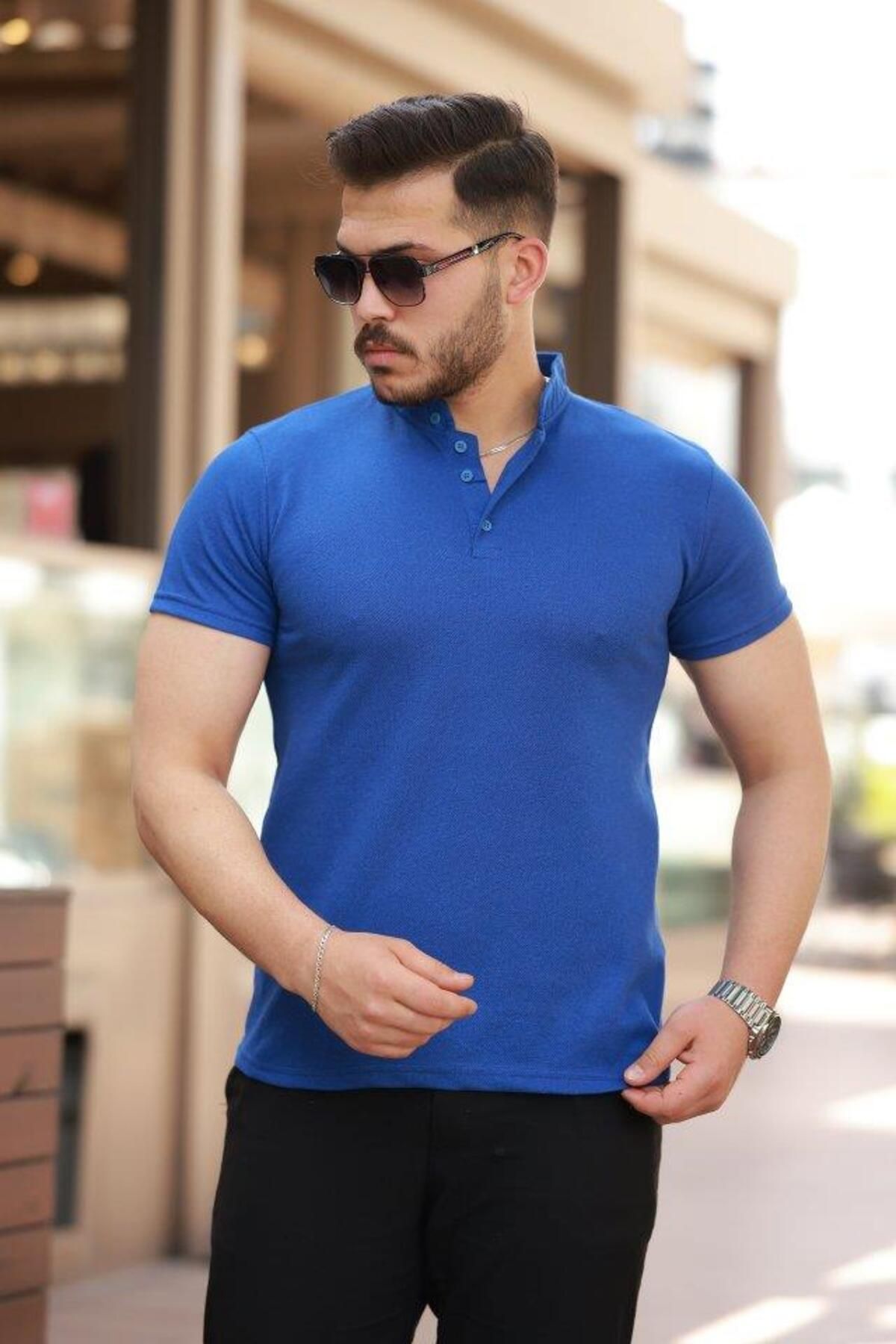 modamtn Erkek Hakim Yaka Dokuma Pamuklu Kumaş Kısa Kollu T-shirt