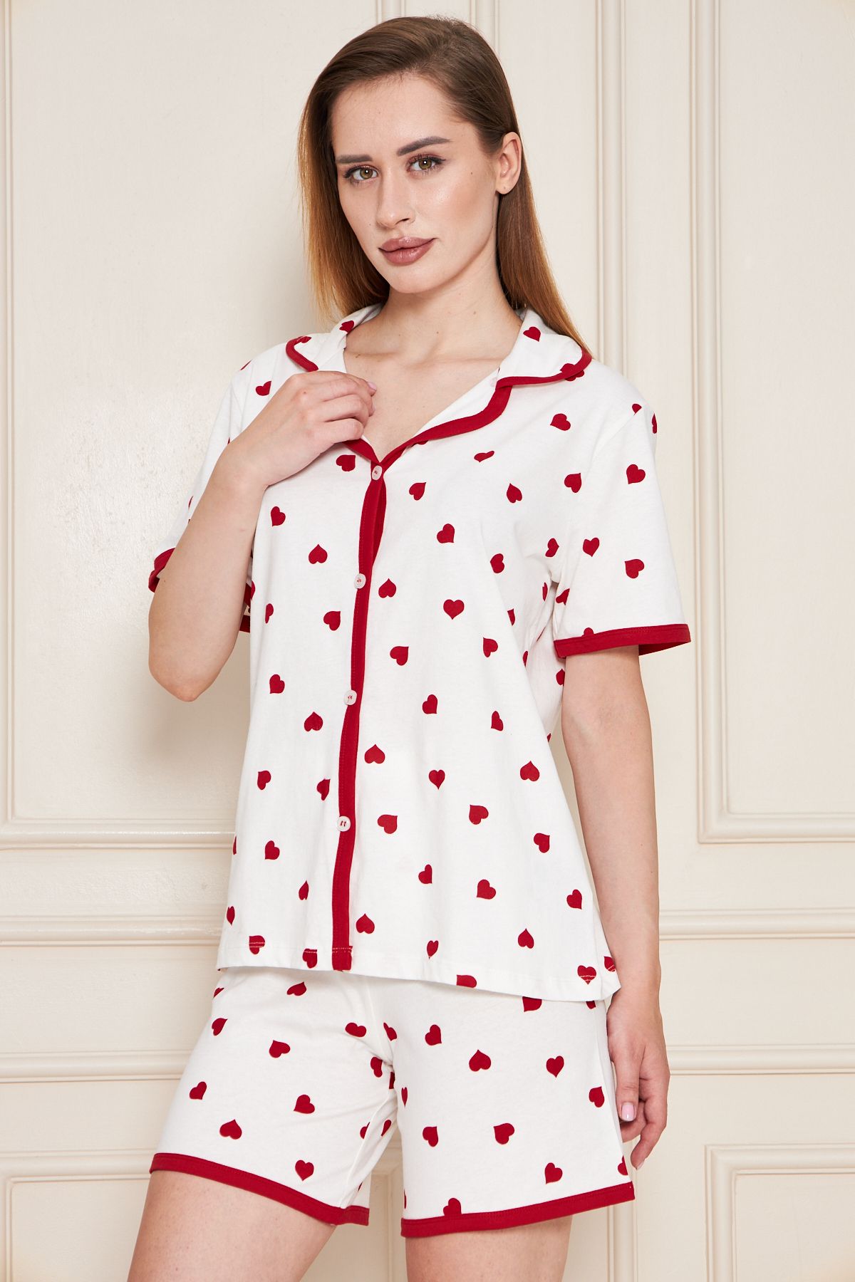 JADİYA Kırmızı Kalpli Beyaz Kadın Şortlu Pijama takımı