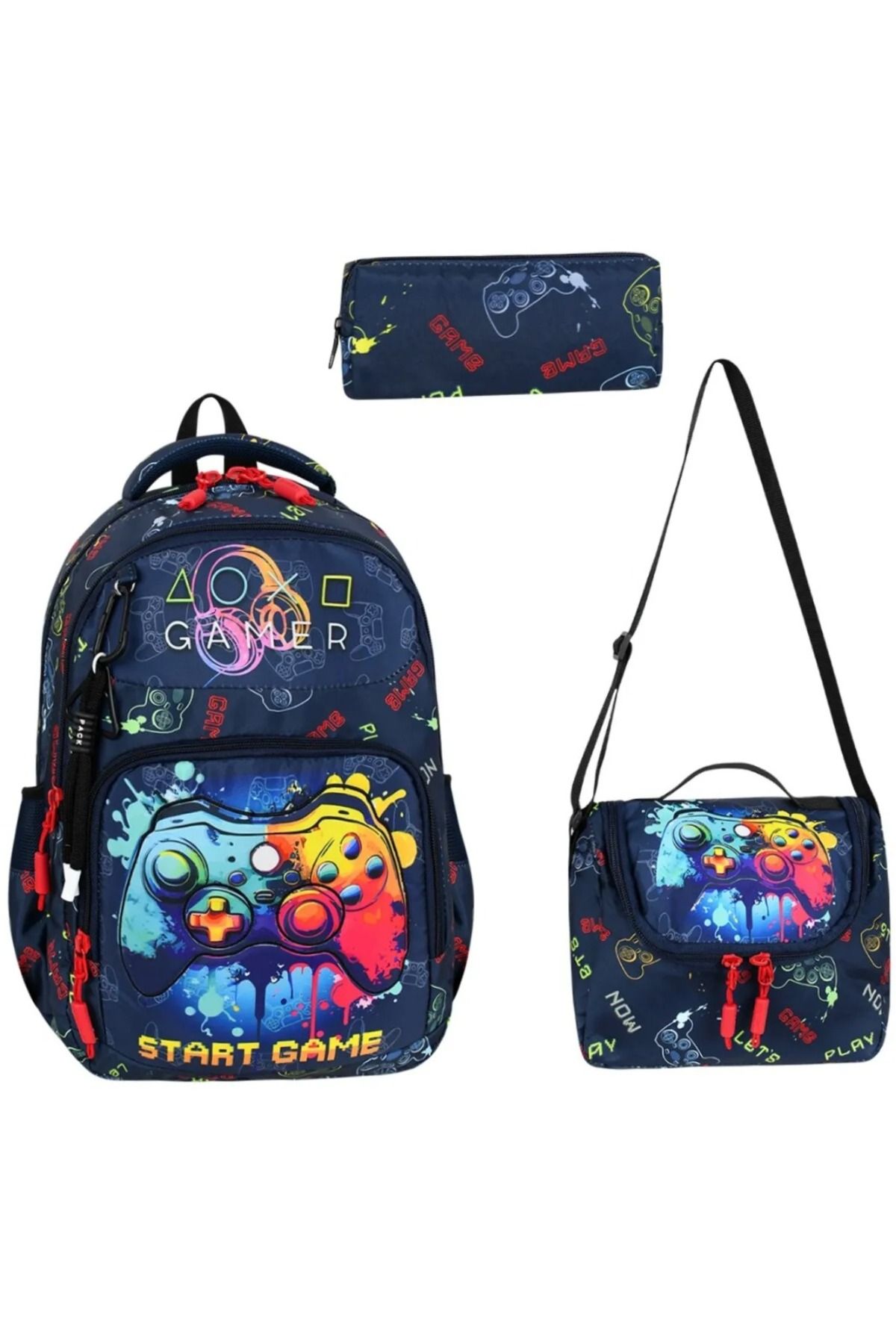 great bags Gamer Desenli Ortopedik Sırt Destekli İlkokul Sırt Çantası Folyolu Beslenme+Kalemlikli İlk Okul Seti