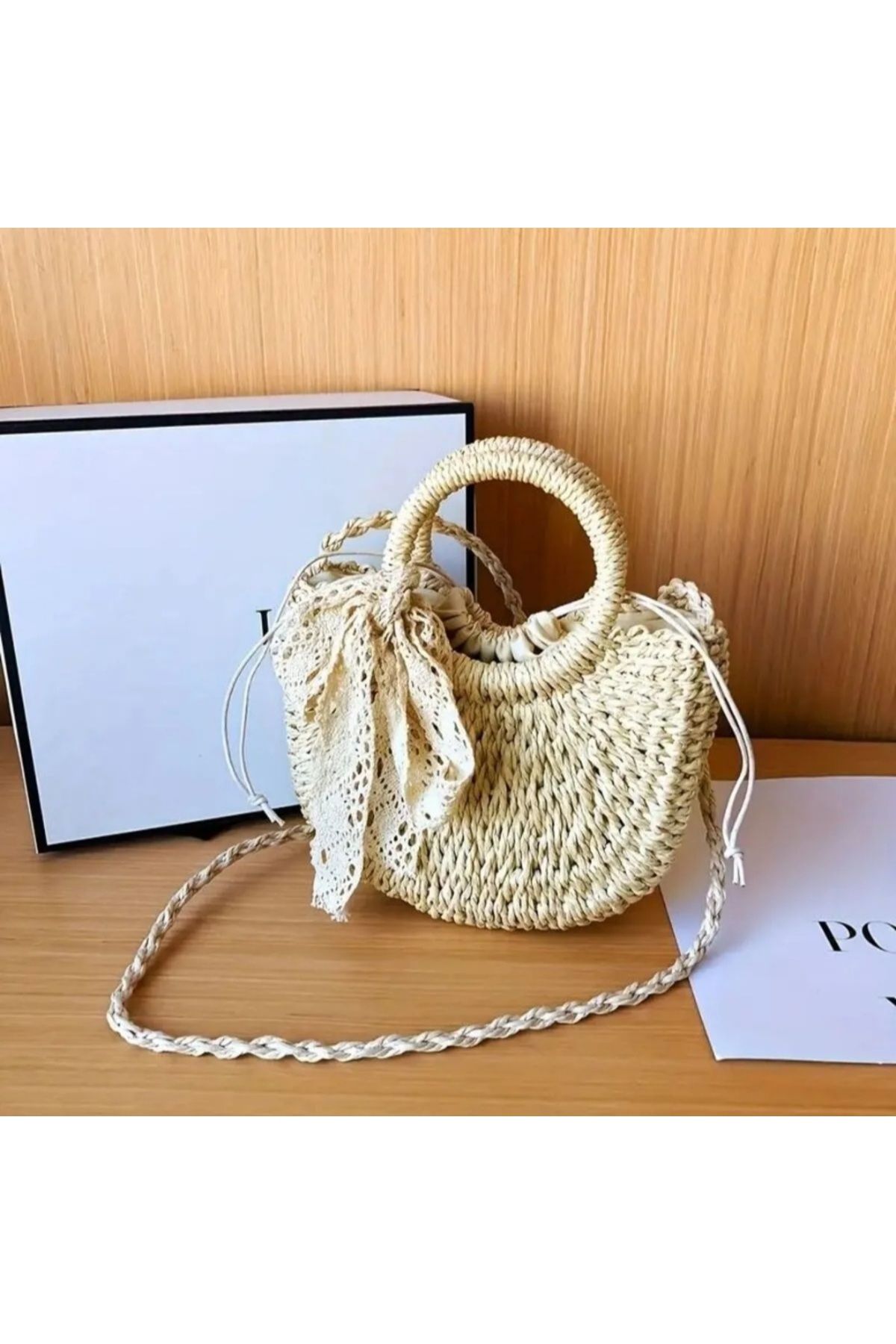 ARTTMACRAME Dantel Fiyonklu Kahverengi Hasir Çanta 19*23