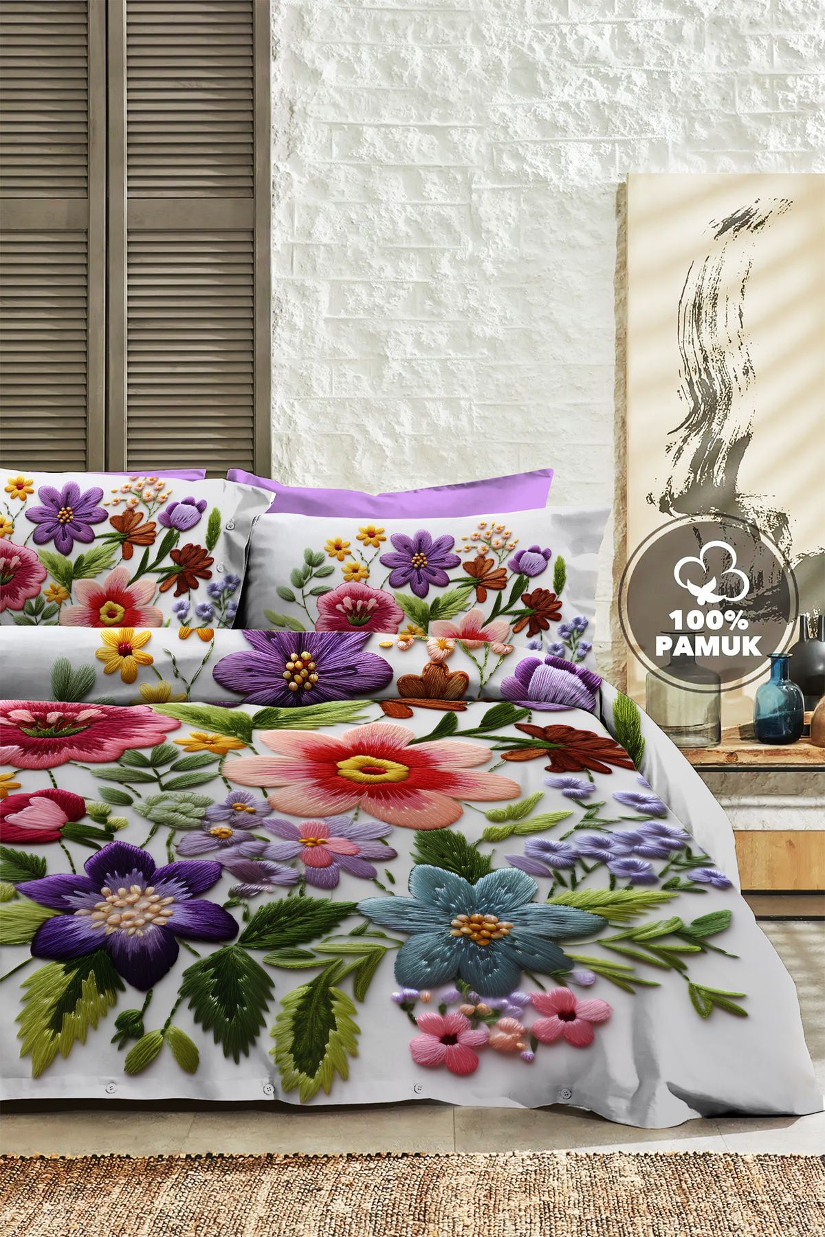 PerlaSera %100 PAMUK Ranforce Çeyizlik Luxury 5D Dijital Çift Kişilik Nevresim Takımı Colorfull Nakkaş
