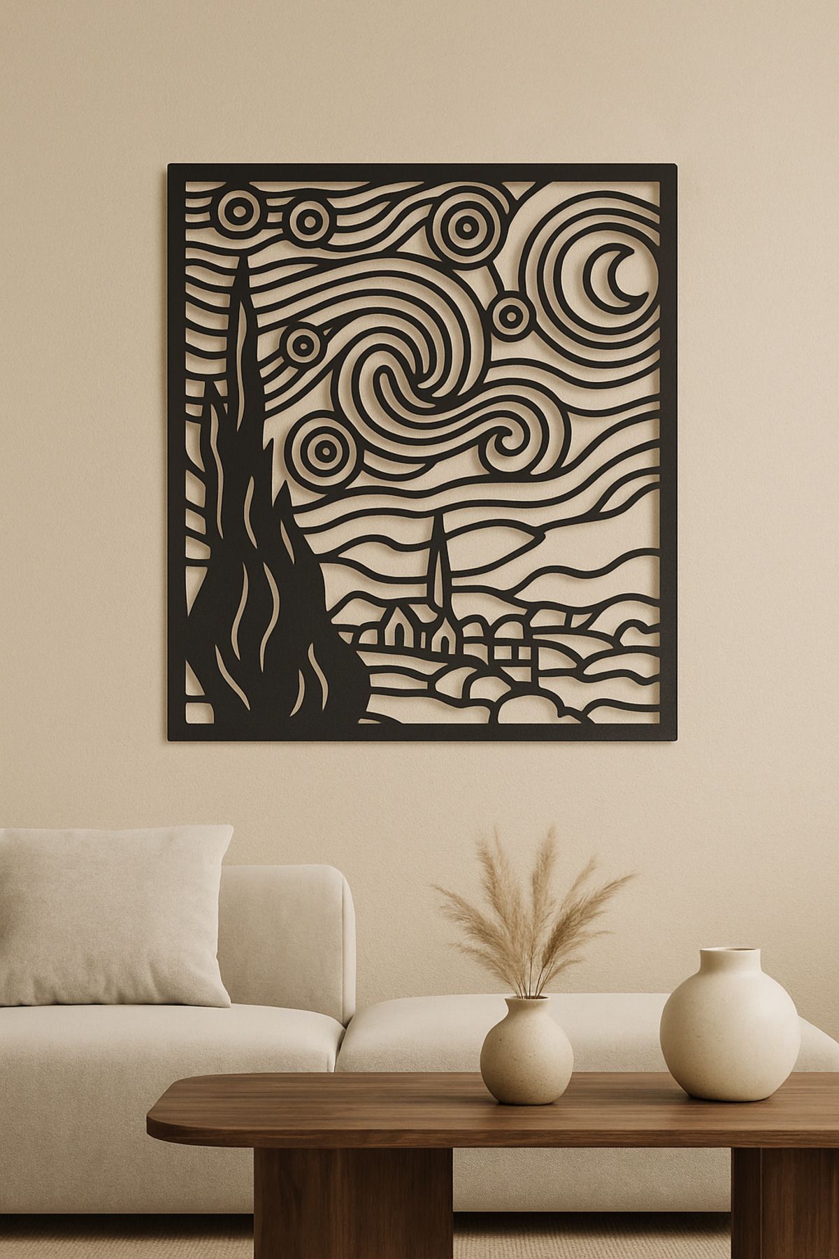 ART Van Gogh Yıldızlı Gece Metal Tablo - Siyah Lazer Kesim Dekoratif Duvar Panosu 45x40 cm