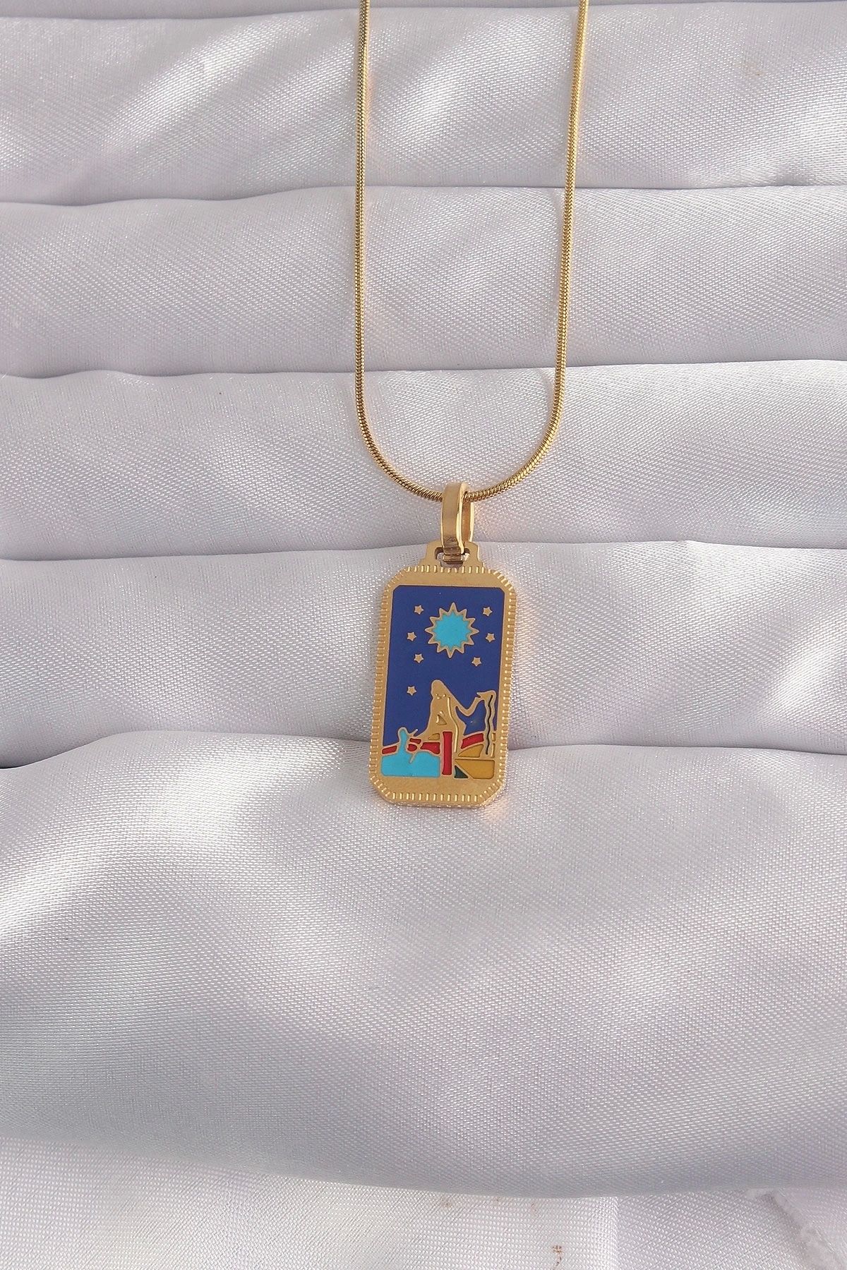 shopwave 316L Çelik Gold Renk Mavi Mineli Kız Figür Tarot Kolye