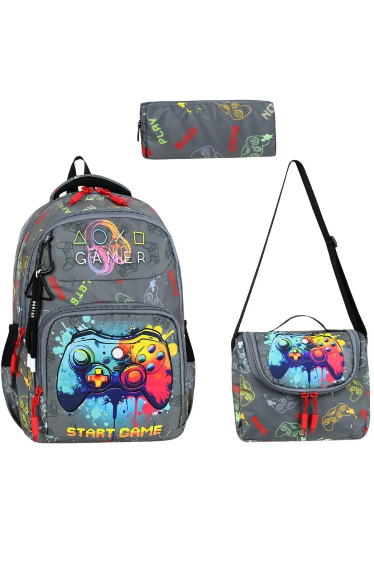 great bags Gamer Desenli Ortopedik Sırt Destekli İlkokul Sırt Çantası Folyolu Beslenme+Kalemlikli İlk Okul Seti