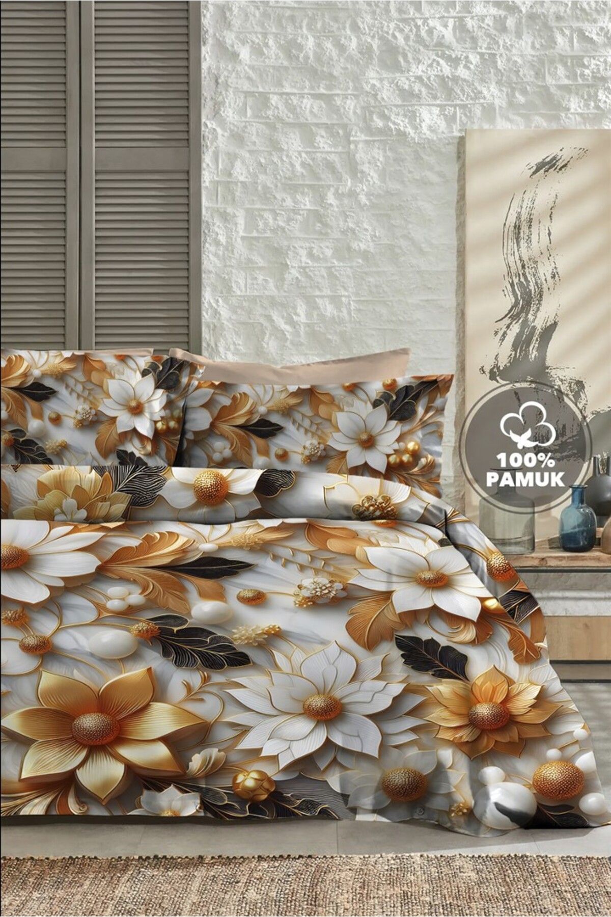 PerlaSera %100 PAMUK Ranforce Çeyizlik Luxury 5D Dijital Çift Kişilik Nevresim Takımı Gold Papatya