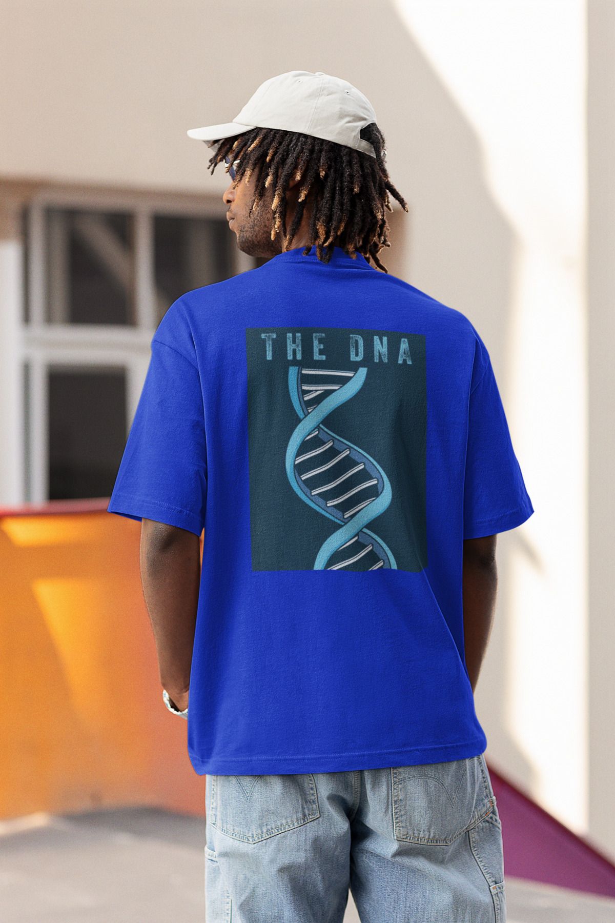 Uniquetex NUBENSE / DENPA-10 - Oversize Unisex DNA Baskılı Sax Mavi Bisiklet Yaka T-shirt (Bilim Tişört)