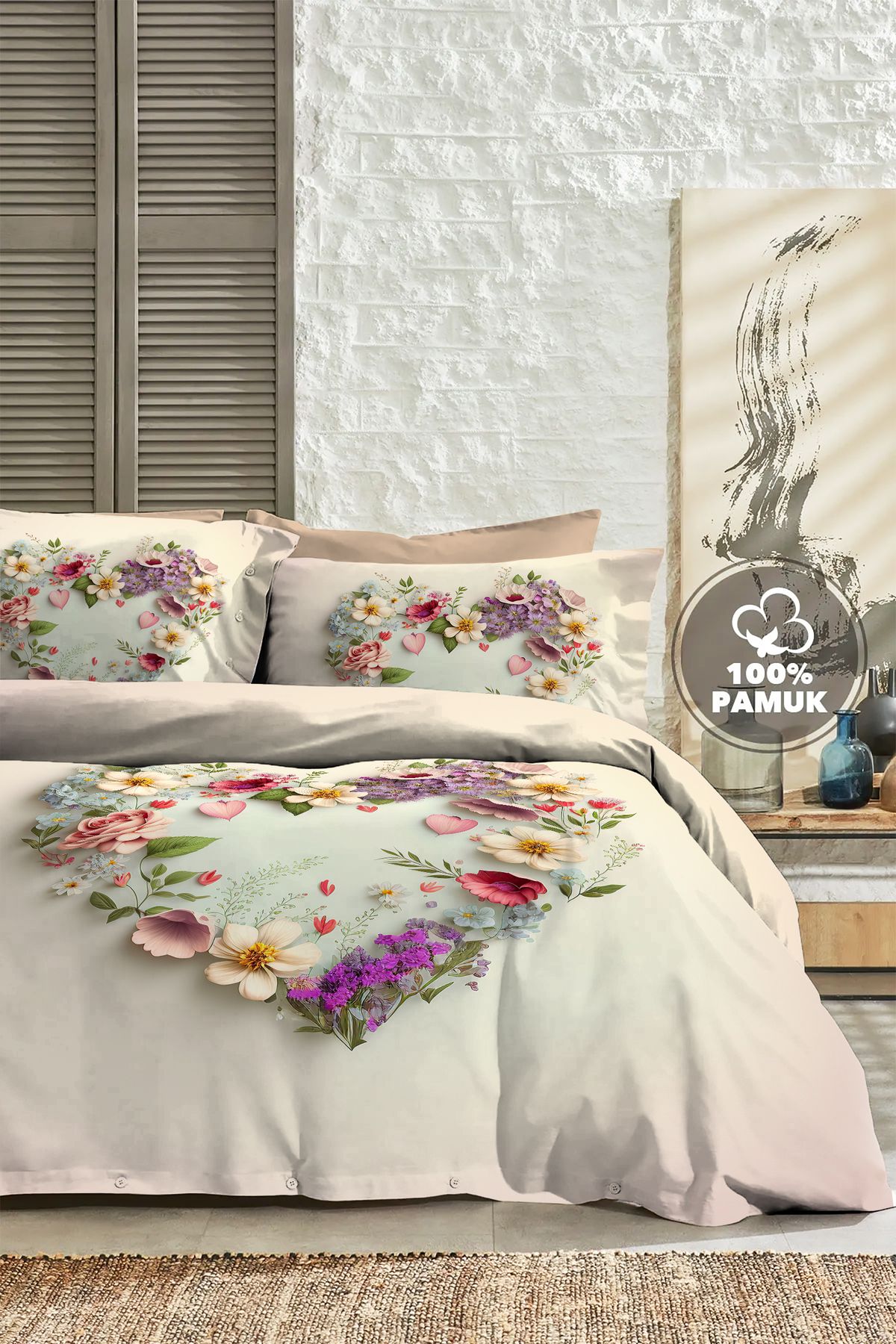 PerlaSera %100 PAMUK Ranforce Çeyizlik Luxury 5D Dijital Çift Kişilik Nevresim Takımı Heart of Roses