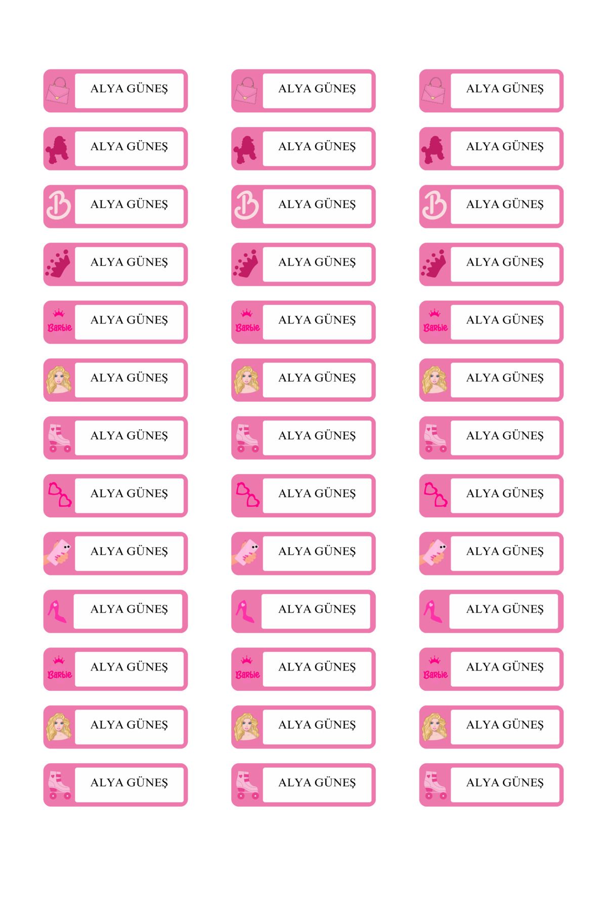 gg gençgirişimci Şeker Kız Temalı Isimli Okul Etiketi Defter Kitap Kalem Sticker (5x1.5 cm ) 100 Adet -