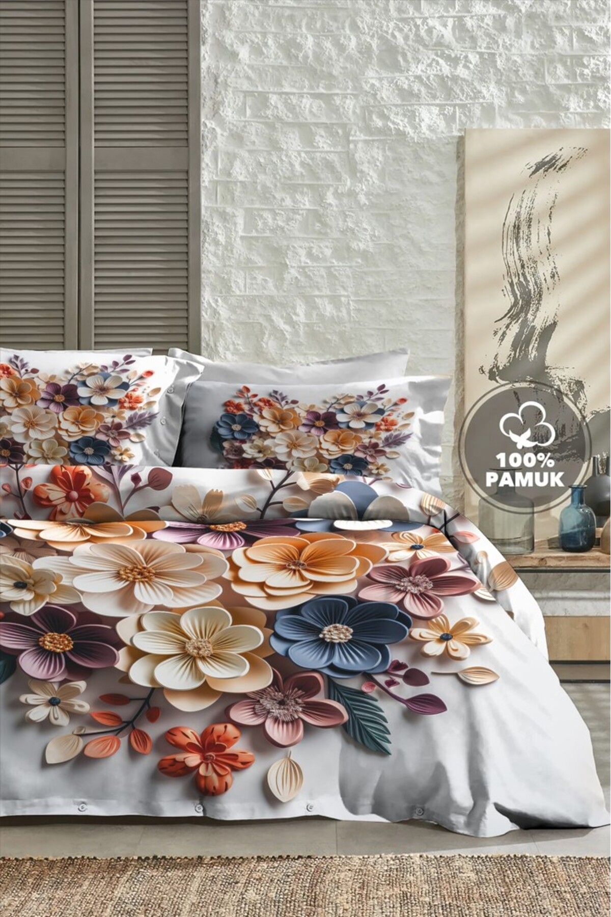 PerlaSera %100 PAMUK Ranforce Çeyizlik Luxury 5D Dijital Çift Kişilik Nevresim Takımı Colorfull Flower