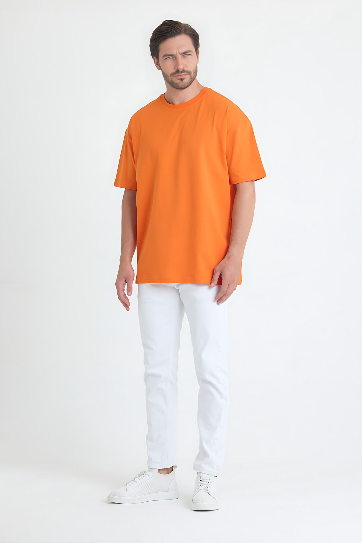 Windy Island Erkek Bisiklet Yaka Turuncu Basic Oversize T-shirt