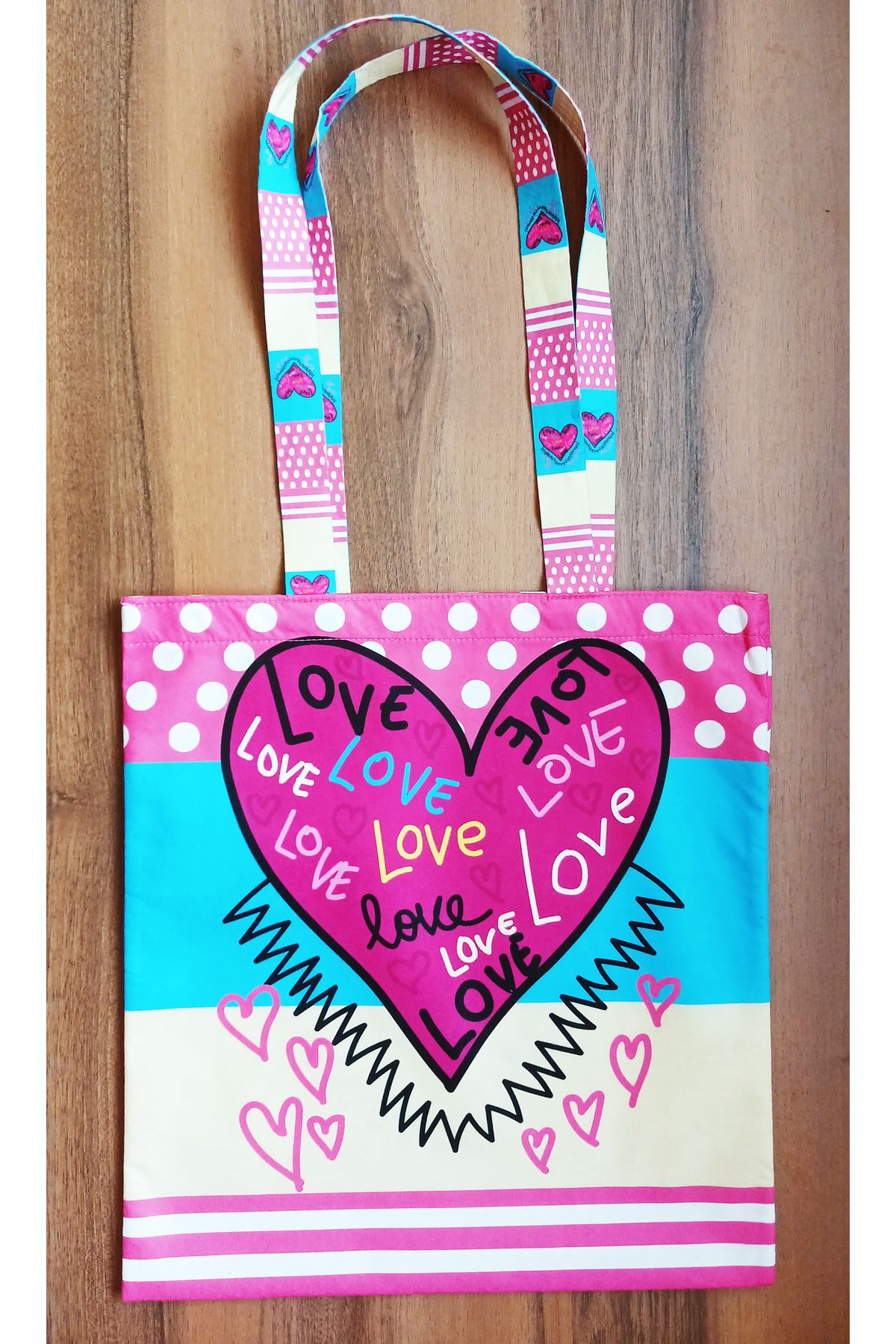 BALVA KONSEPT PINK HEARTH - POP ART BEZ PLAJ VE OMUZ ÇANTASI (ÇİFT TARAFLI)