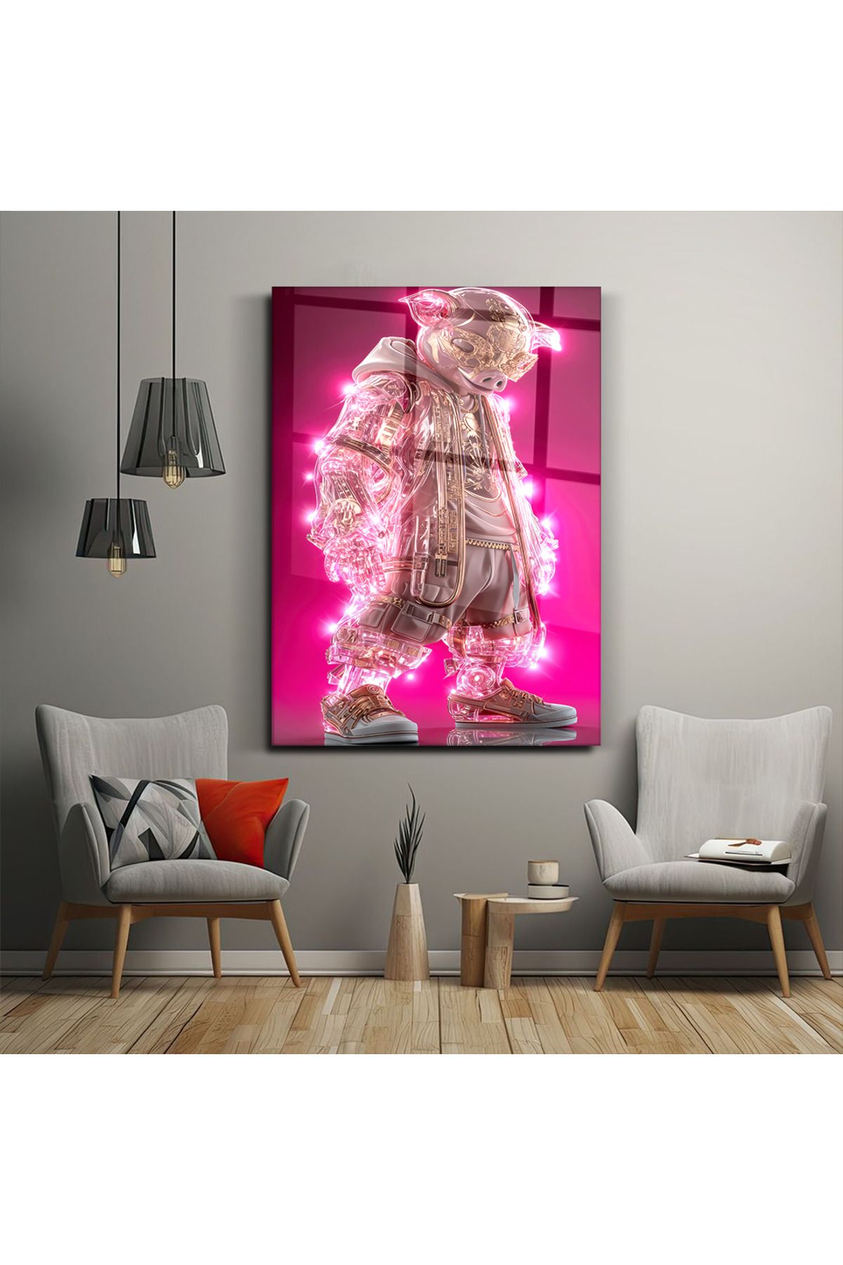 PoyKilArt Cam Tablo - Pig - Süslü Domuz - Duvar dekorasyonu - Ofis dekorasyonu - Duvar tablosu - DK